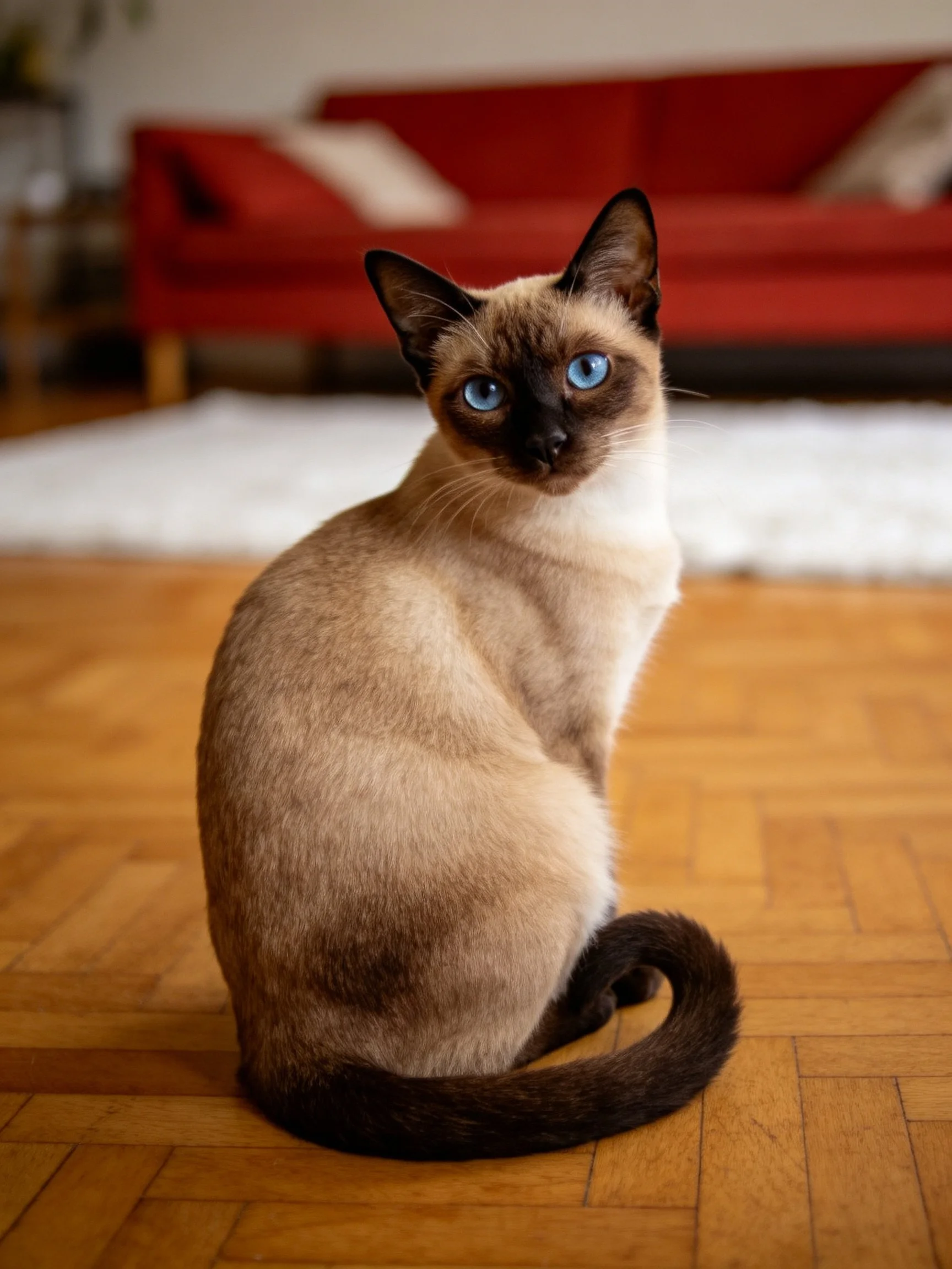 Blue-eyed Siamese cat on wooden floor near red sofa
