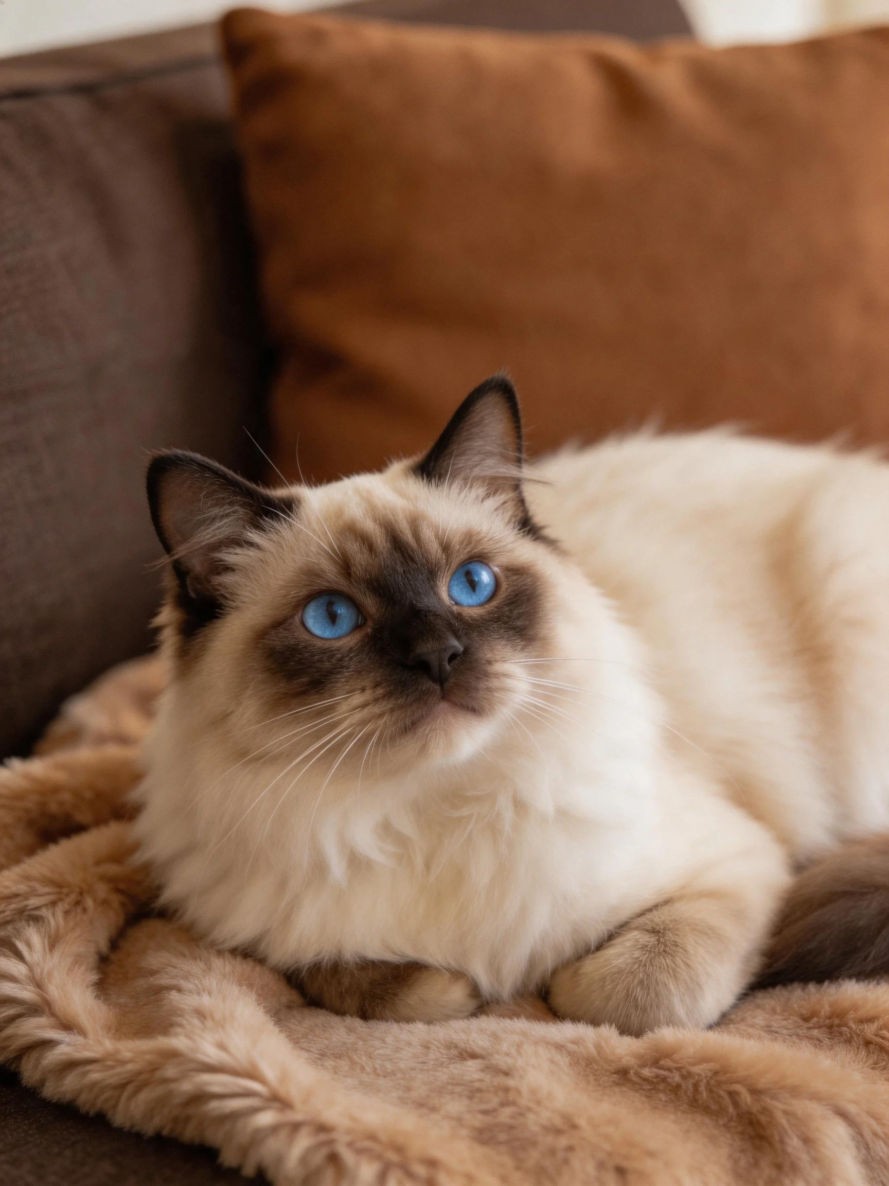 Blue-eyed Siamese cat resting on a brown blanket near cushions