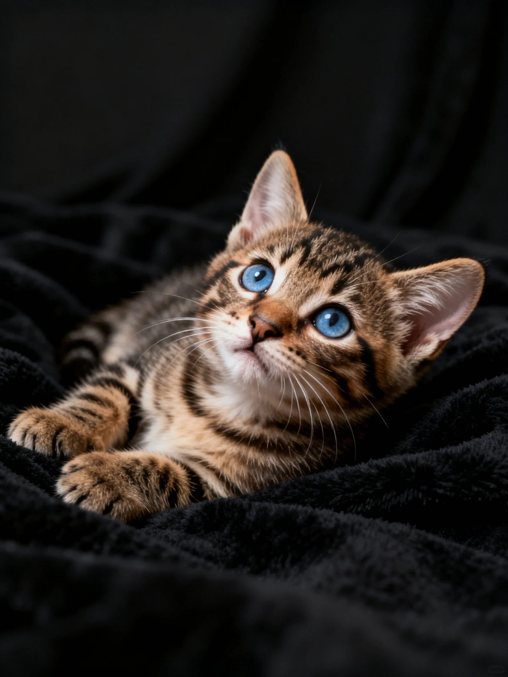 Bright-eyed tabby kitten resting on dark plush fabric