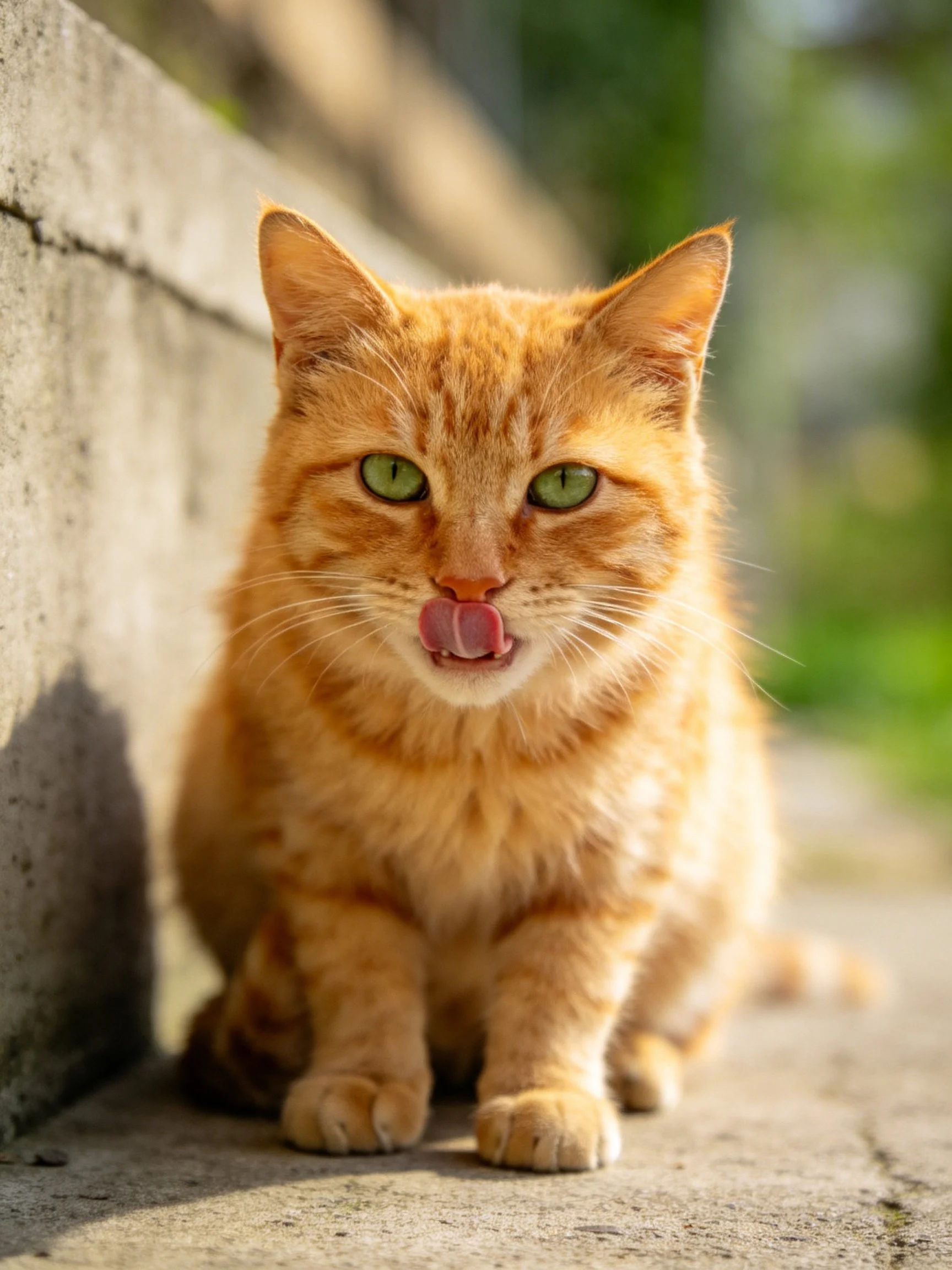 An orange tabby cat licks its mouth next to a concrete surface in sunlight
