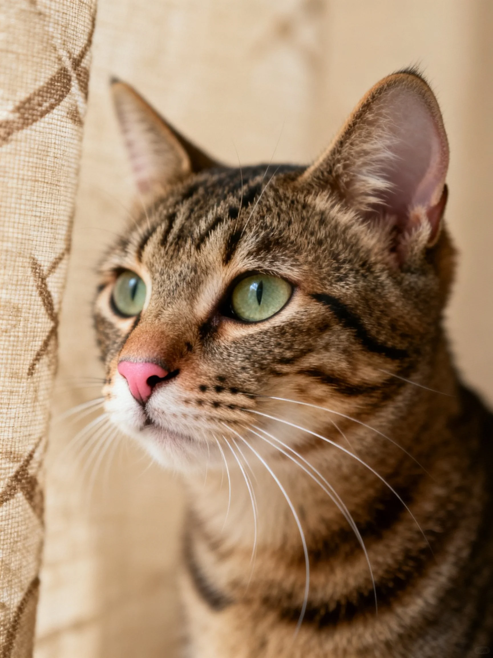 A brown tabby cat looks intently near a patterned fabric.