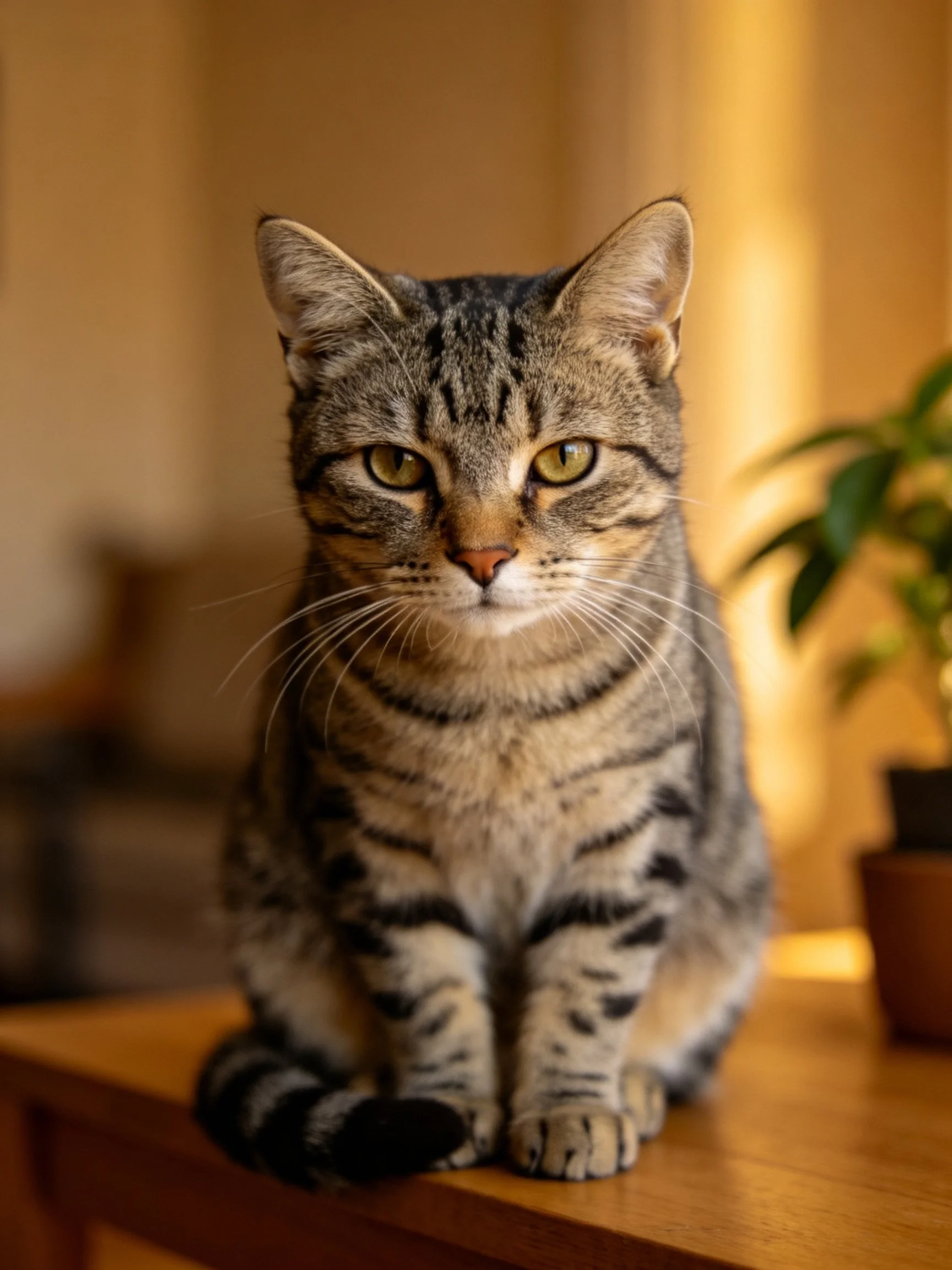 A tabby cat sits calmly on wooden furniture with a potted plant nearby.