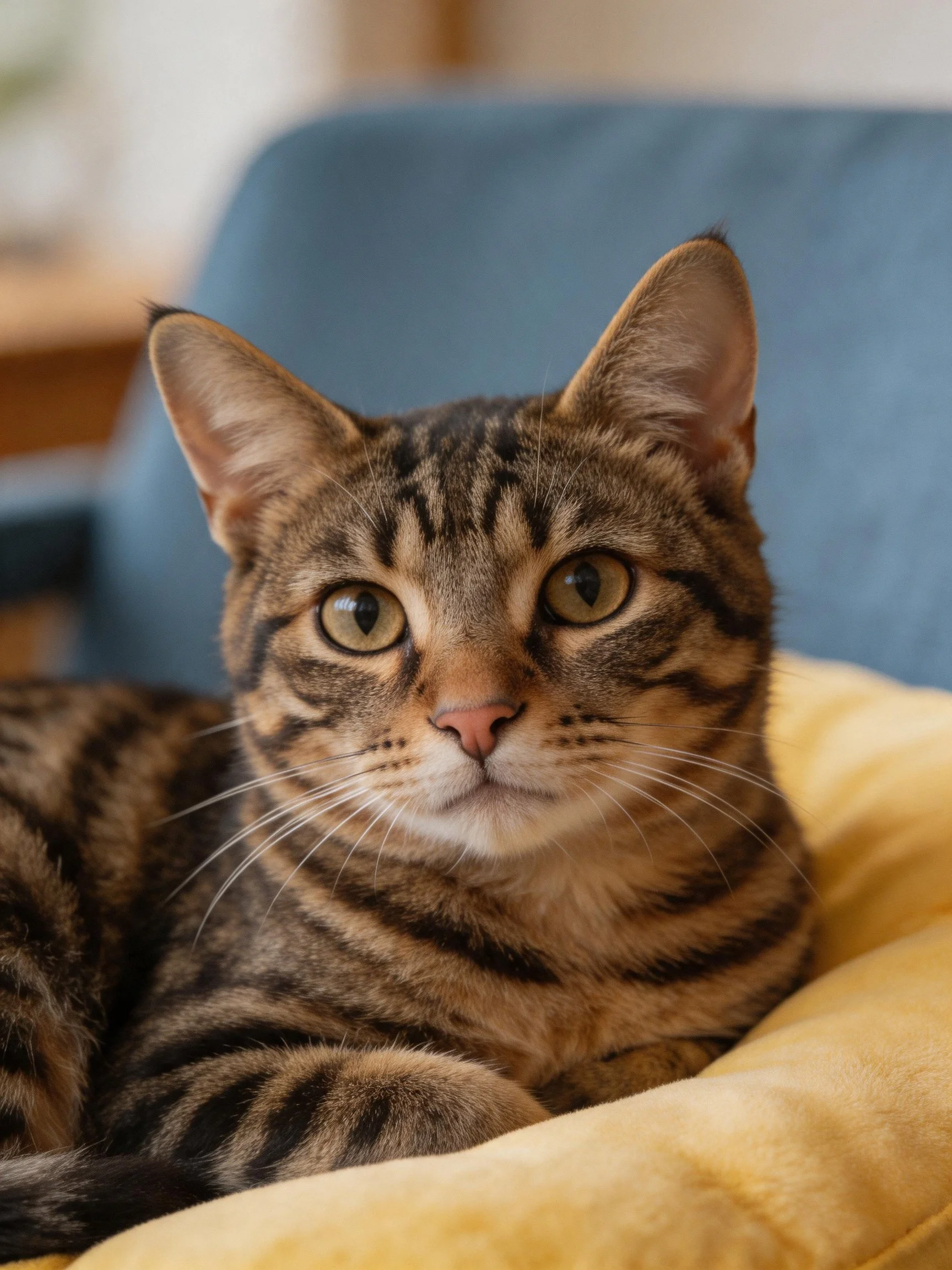 Brown and black striped tabby cat resting on yellow blanket near blue chair