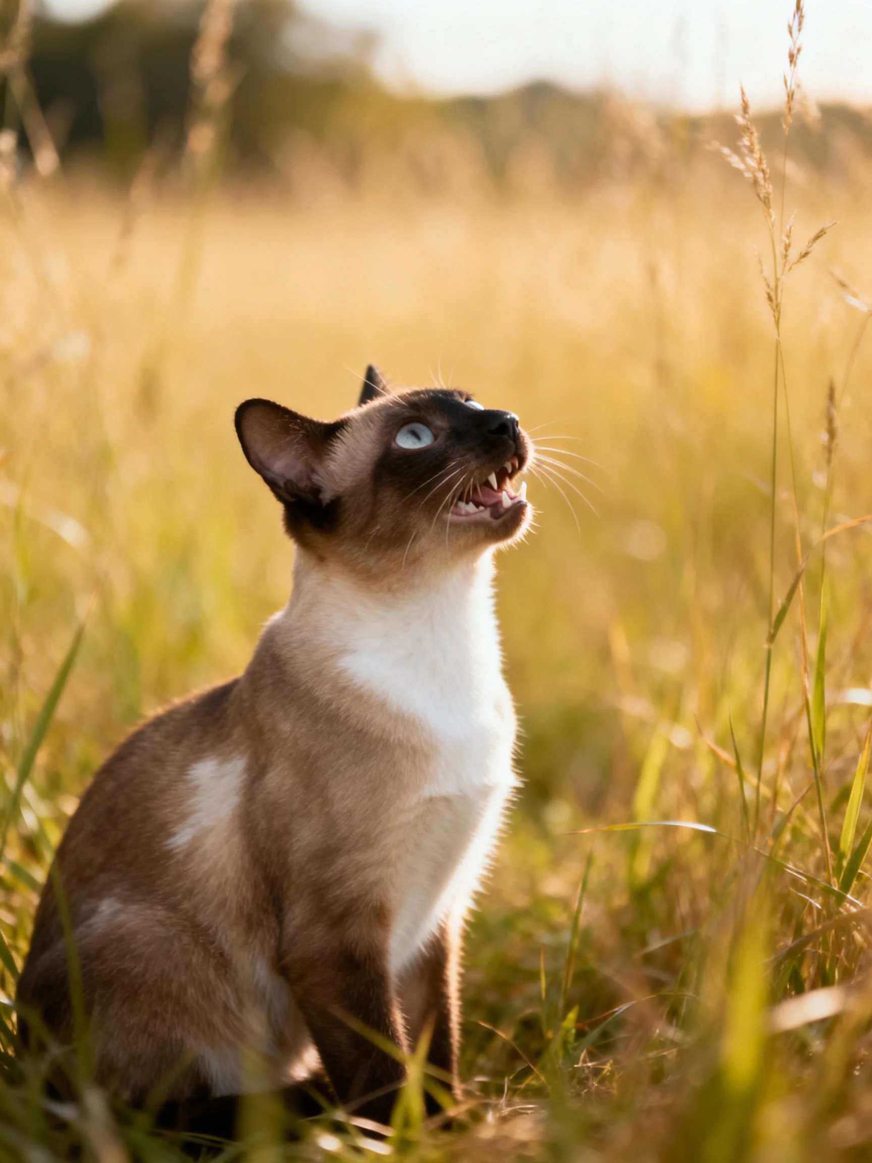 A Siamese cat with blue eyes sits in a sunlit grassy field.
