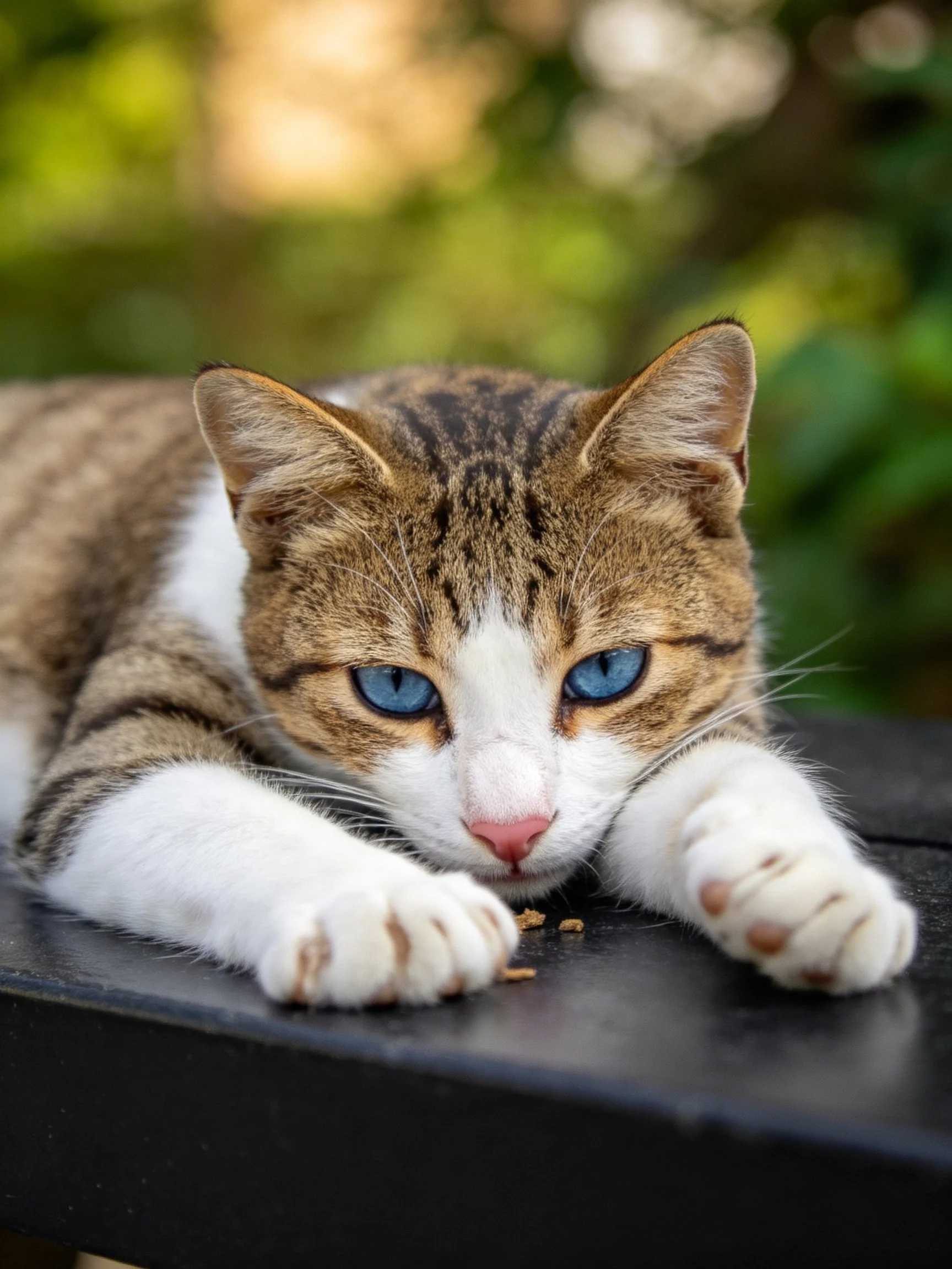 Cat with blue eyes rests near food on an outdoor surface.