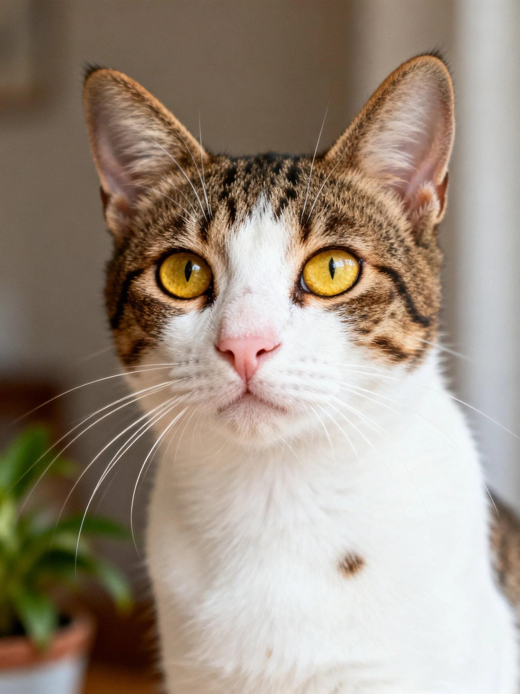 Brown and white cat with bright yellow eyes near a potted plant