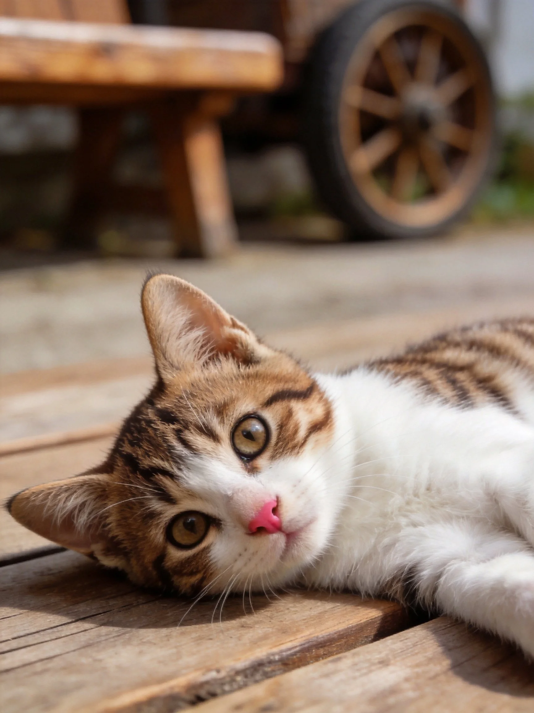 A brown and white kitten relaxes on wooden planks close to a cart