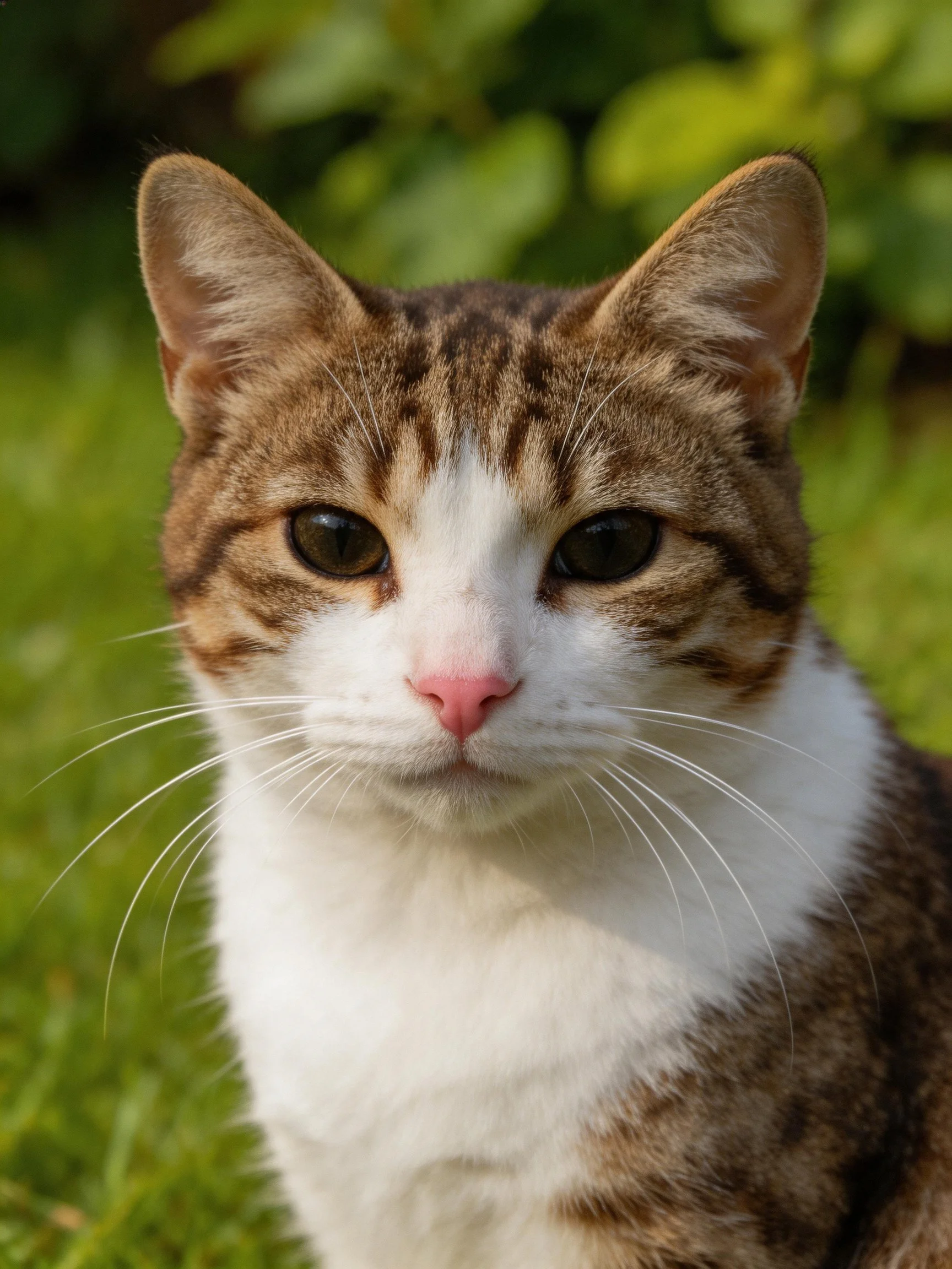 Brown and white tabby cat outdoors near greenery