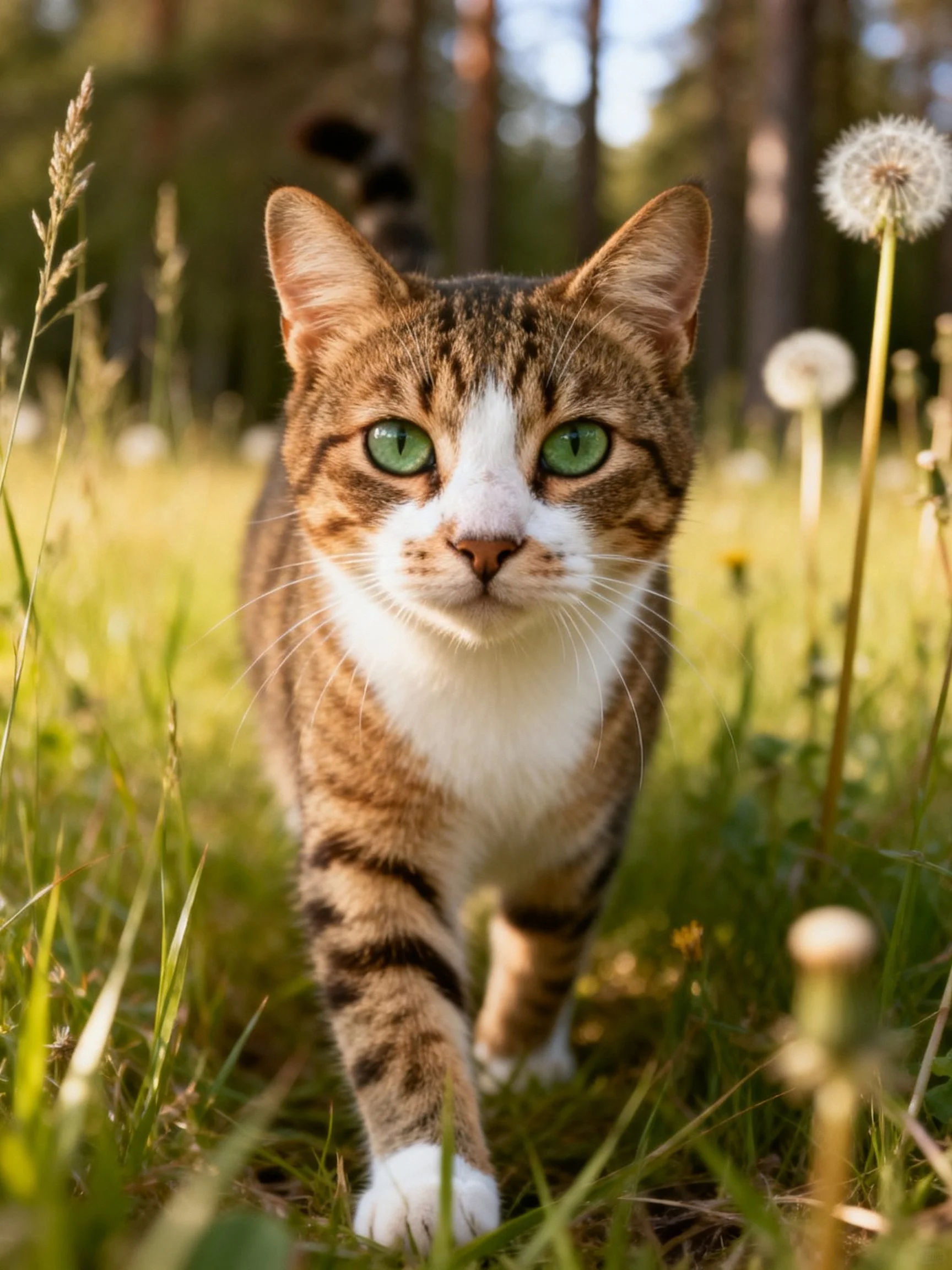 Tabby cat with green eyes walks through tall grass near dandelions.
