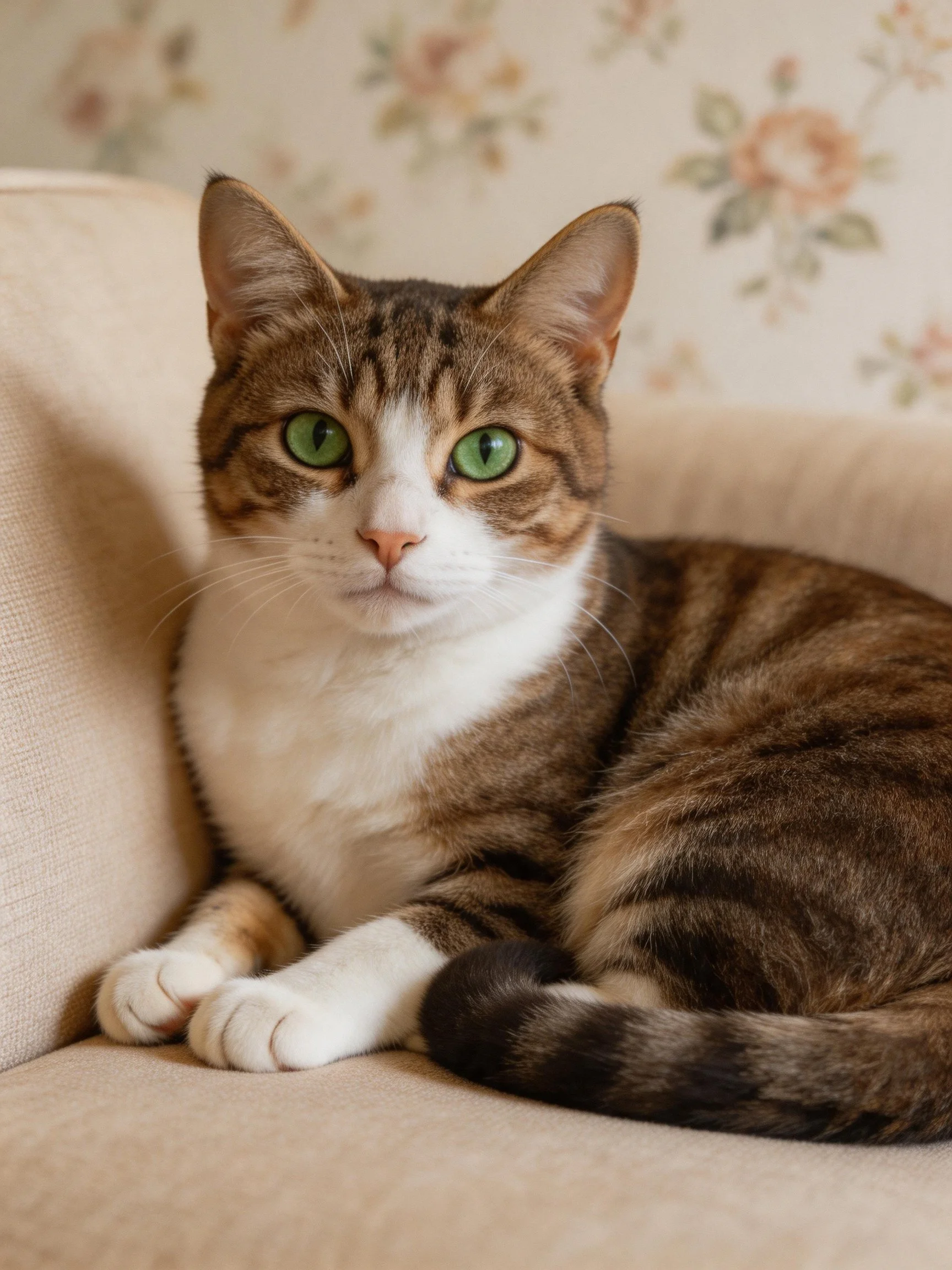 A brown and white tabby cat with green eyes relaxes on a beige couch.