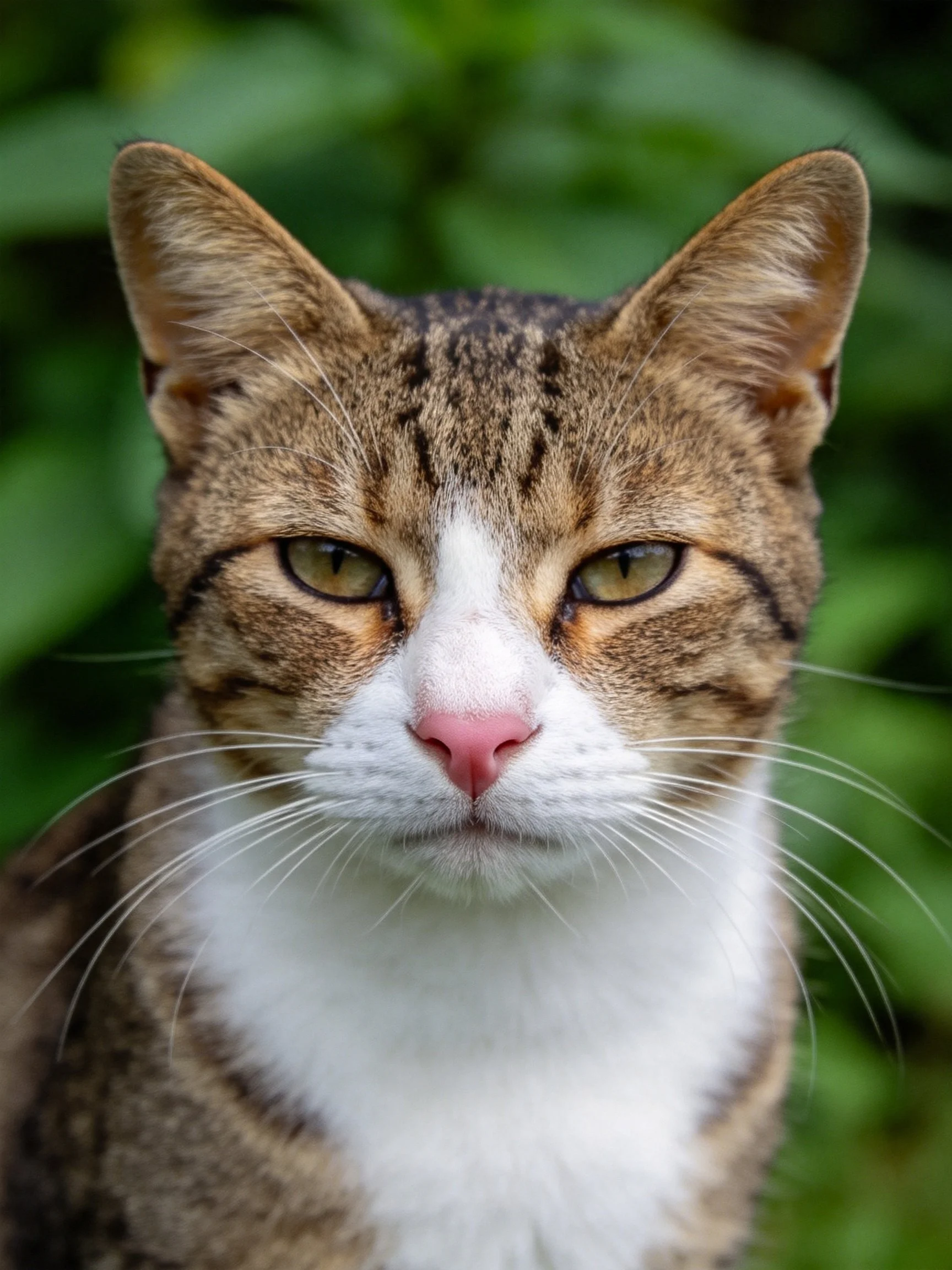Close-up of a brown and white tabby cat with green eyes amid soft-focus greenery.
