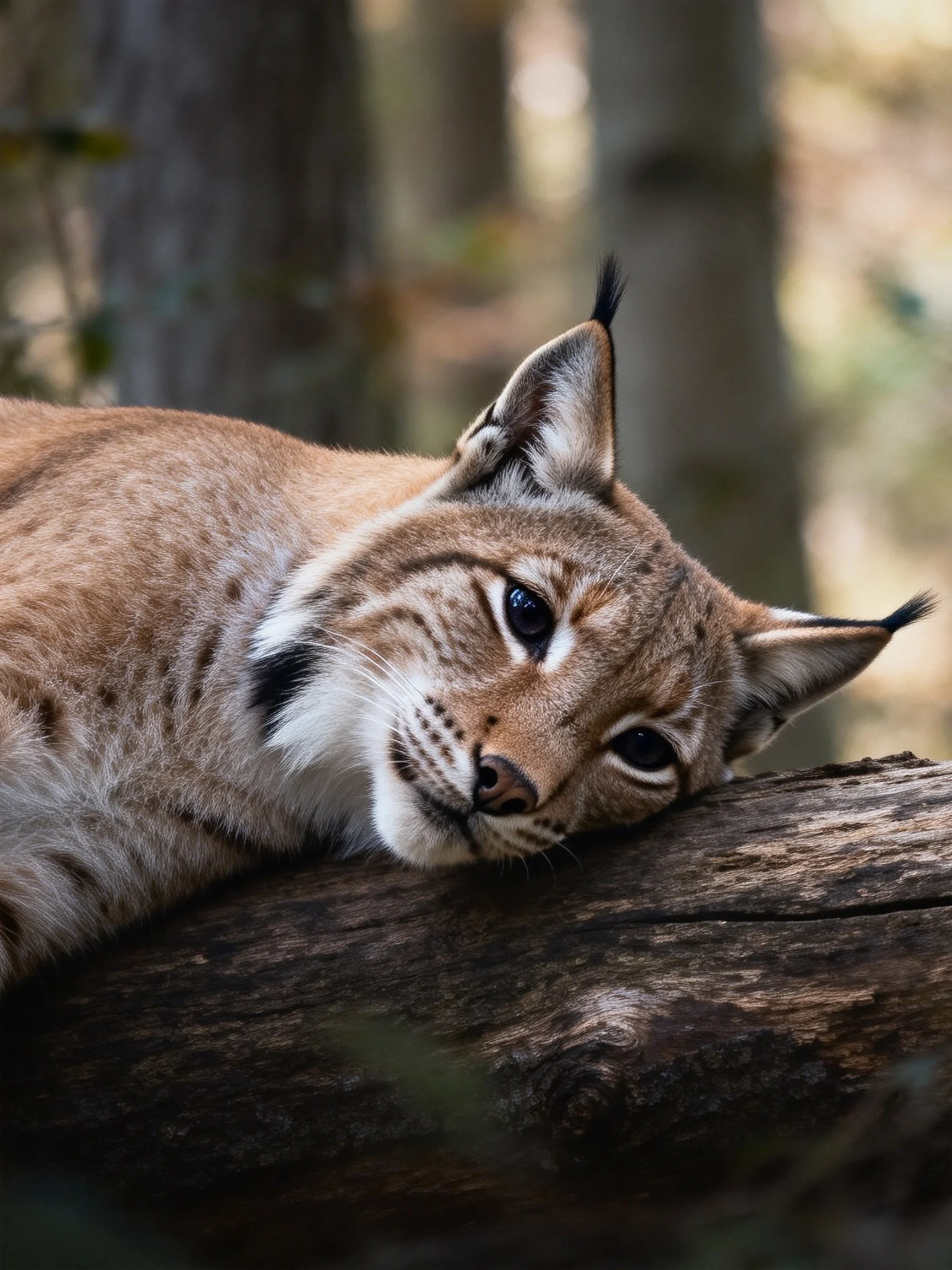 Brown lynx rests on log among trees