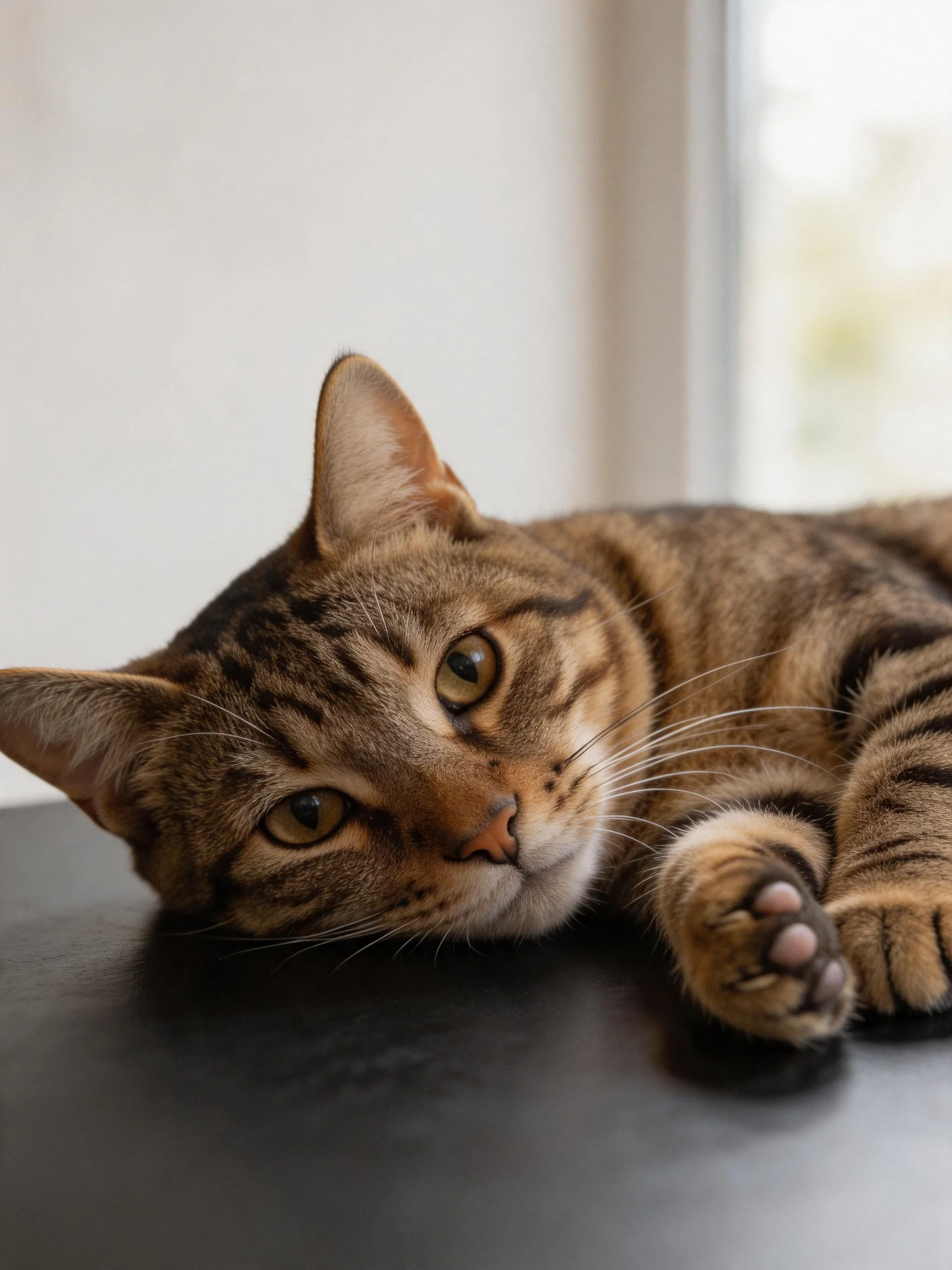 Brown tabby cat lounging on dark surface near bright window