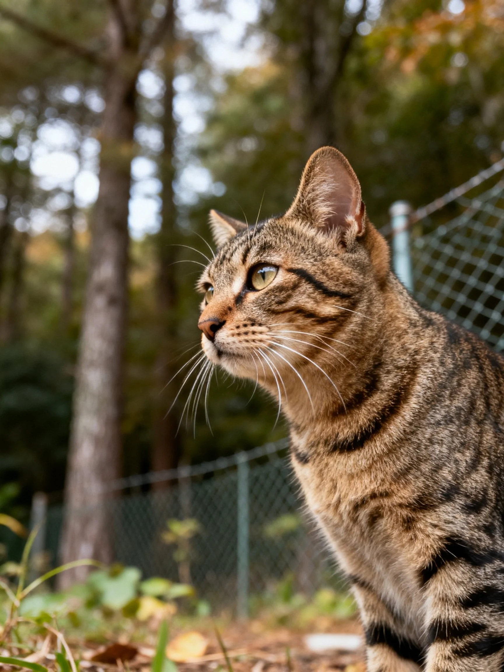A brown tabby cat observes its surroundings near a green fence in a wooded area.