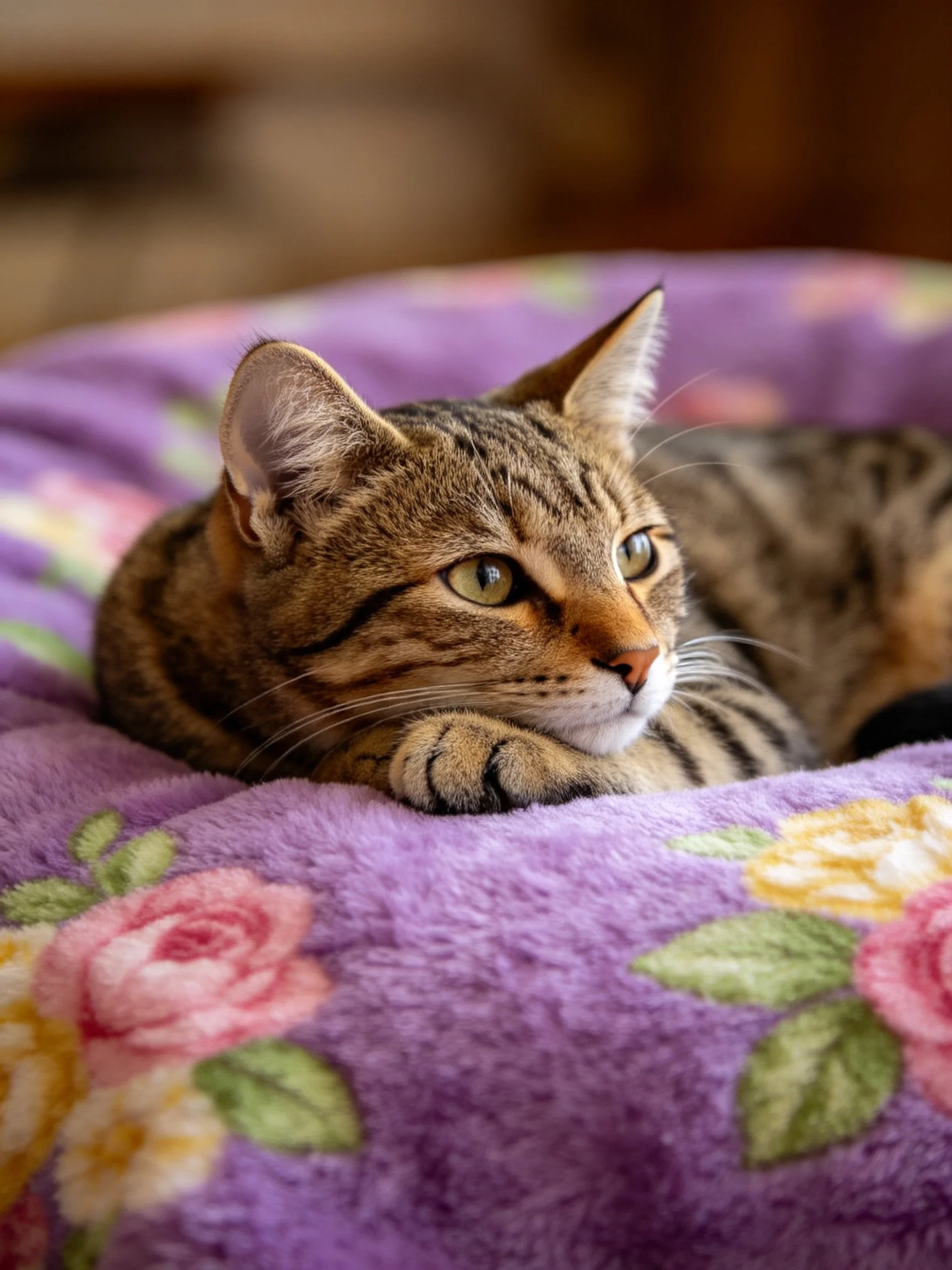 A tabby cat rests comfortably on a purple floral blanket.