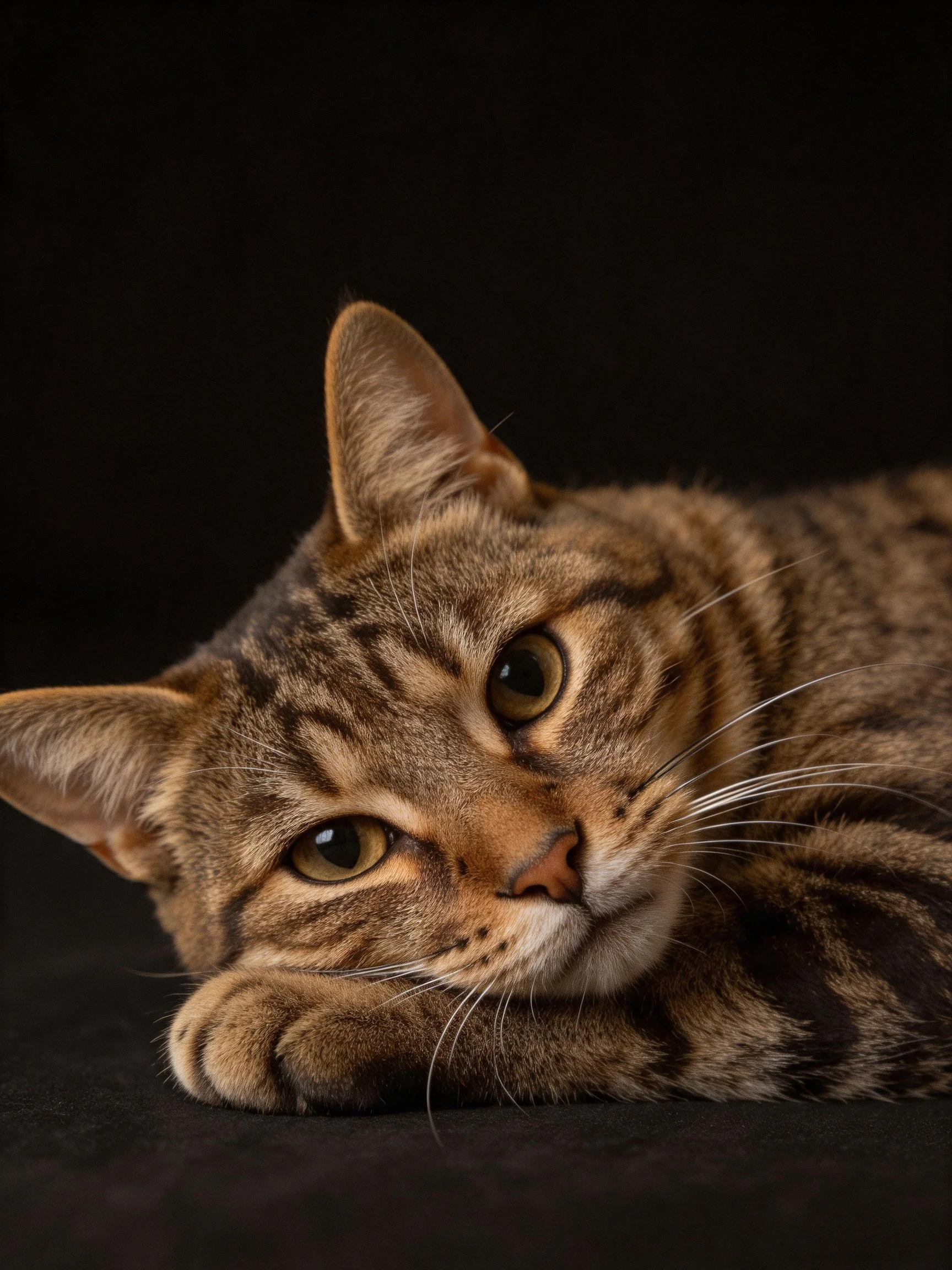 A brown tabby cat rests peacefully against a dark background.