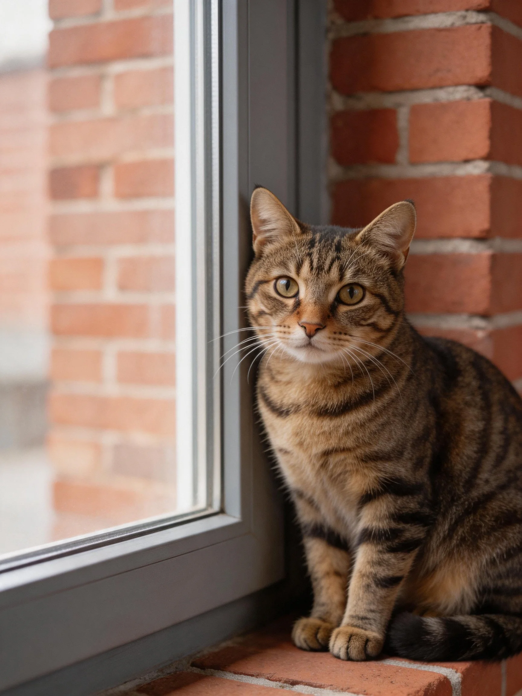 A tabby cat sits by a window near a red brick wall.