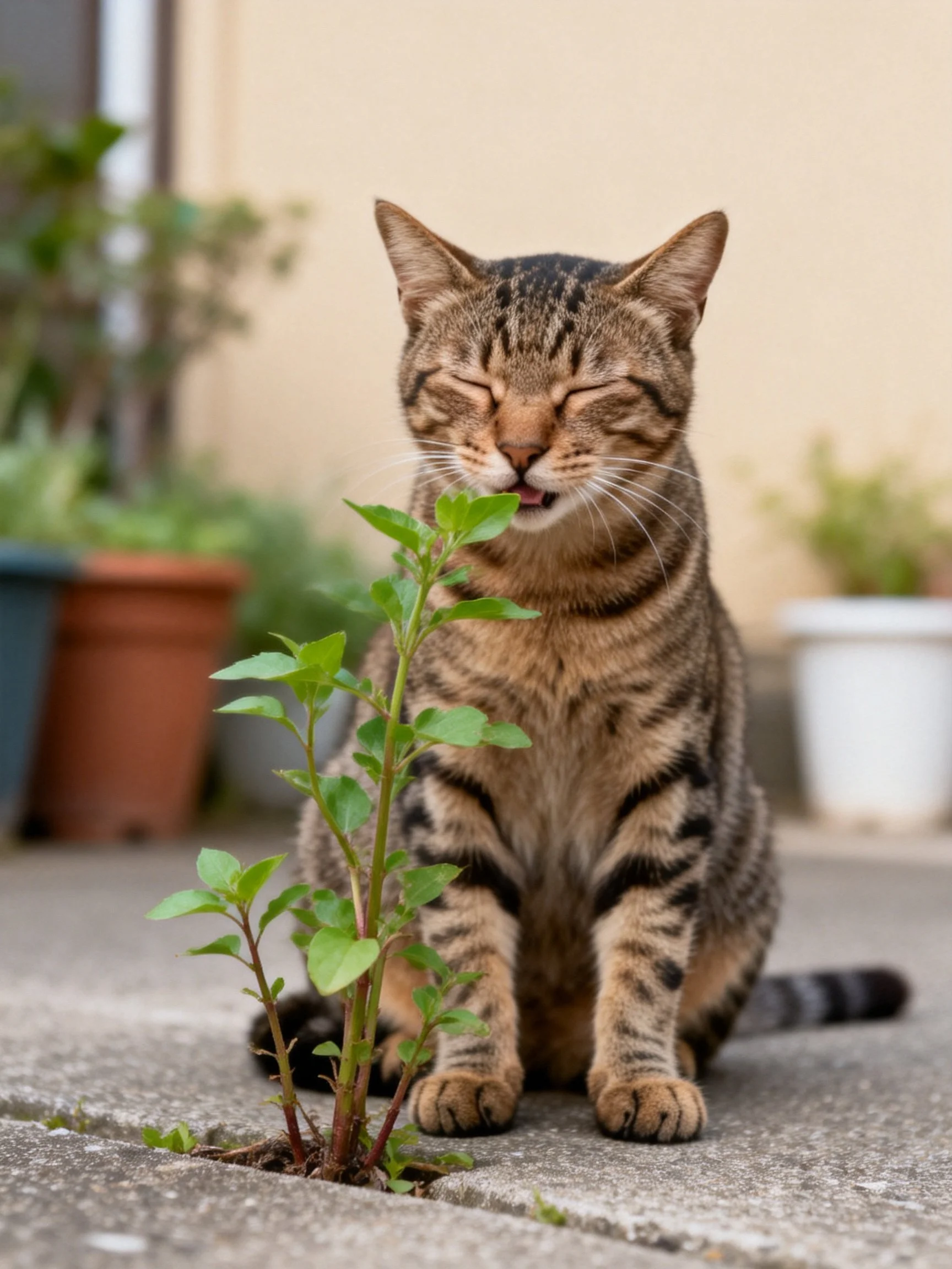 A brown tabby cat sits near a small green plant with potted plants in the background.