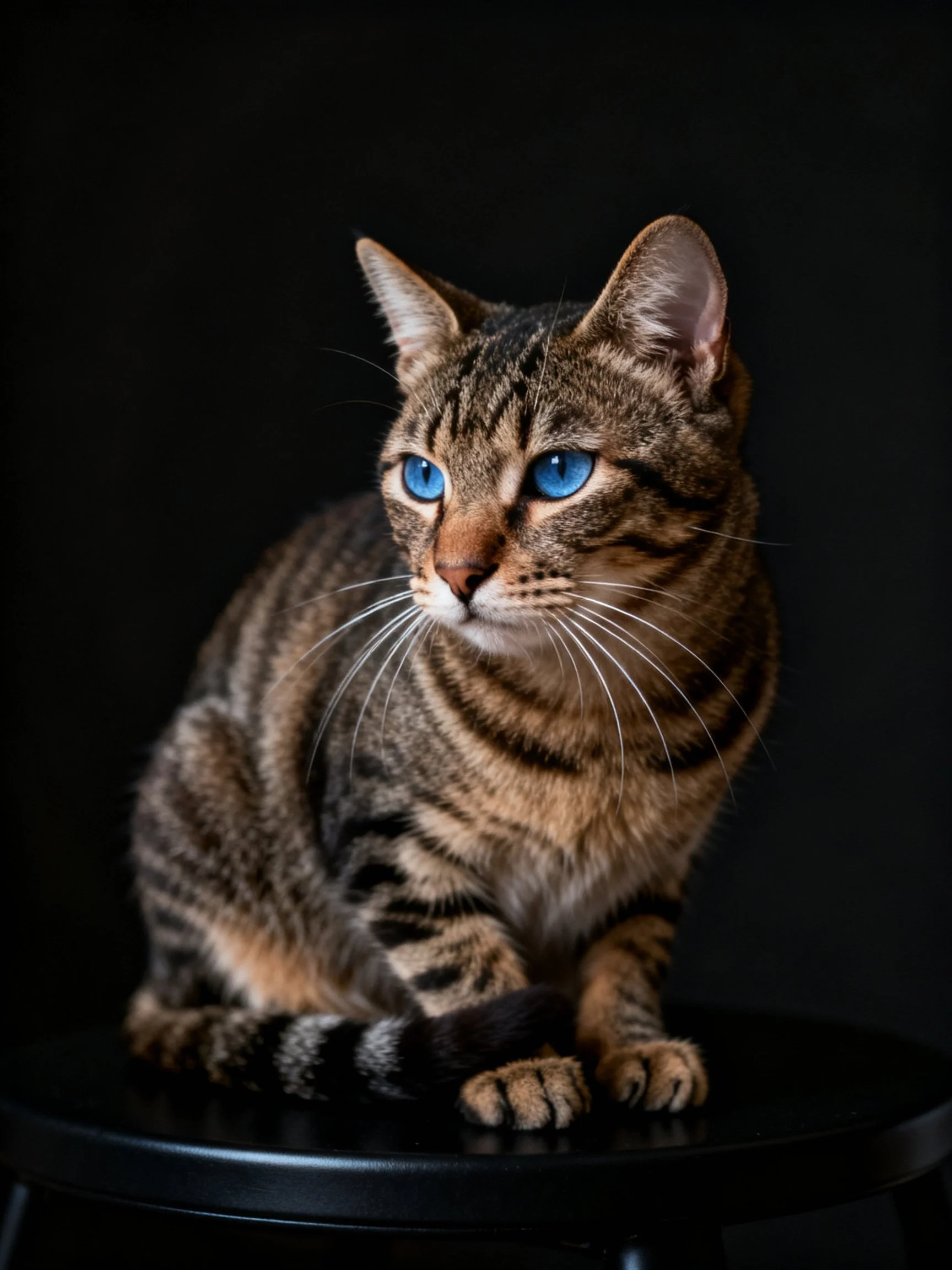 A brown tabby cat with bright blue eyes sits on a black surface.