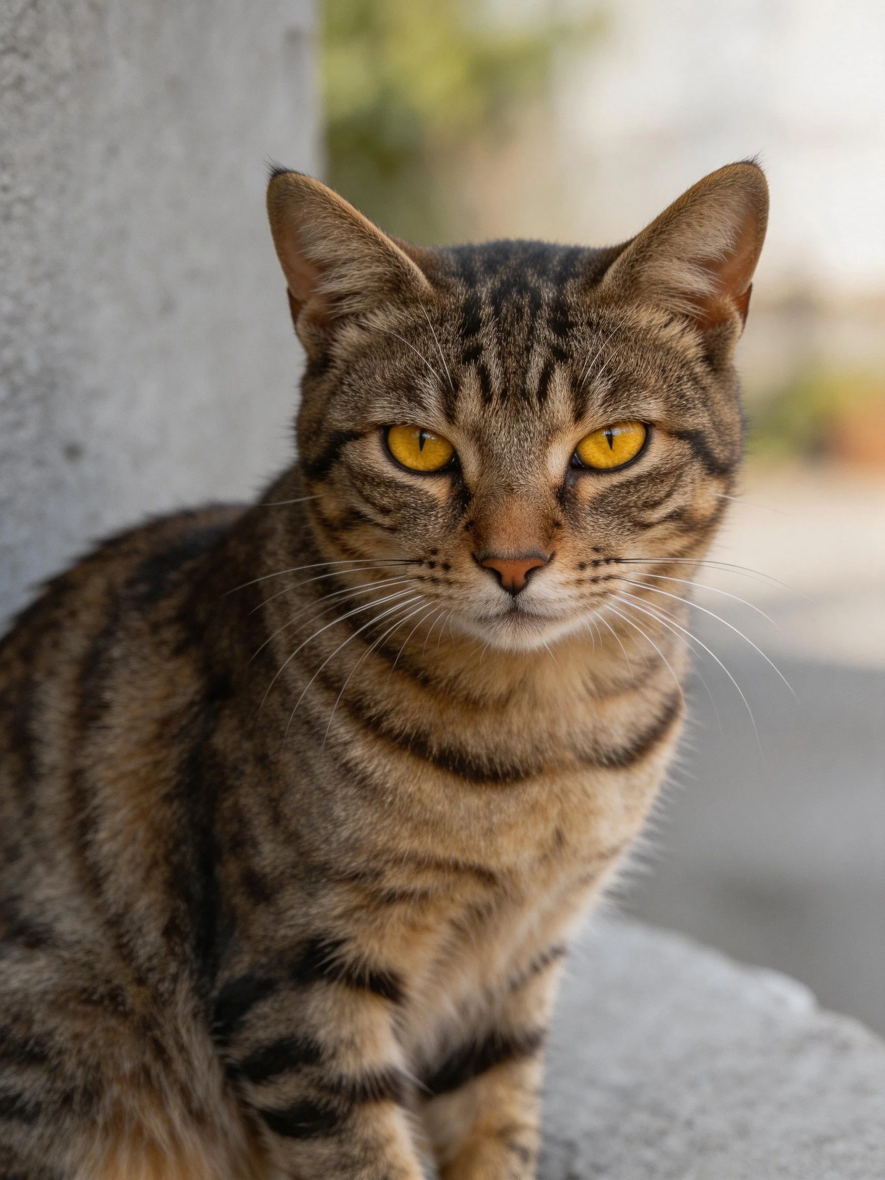 Tabby cat with vivid yellow eyes sits by a concrete structure.