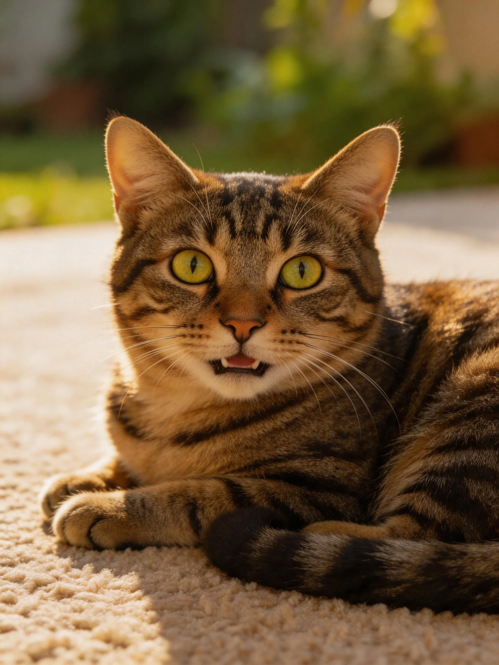 A brown tabby cat with bright yellow-green eyes rests on a beige carpet in soft light.