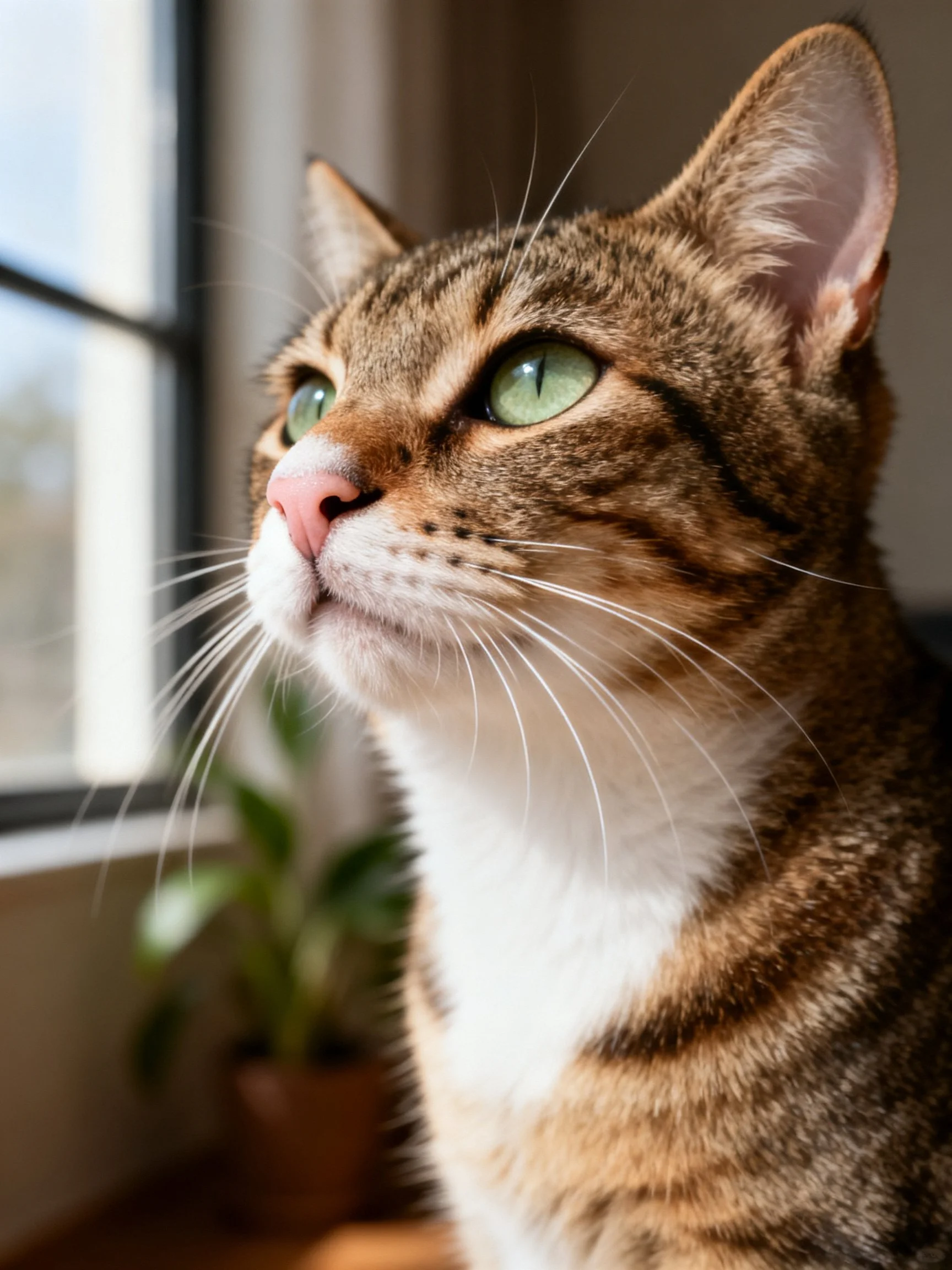 A brown tabby cat looks attentively out a sunlit window.