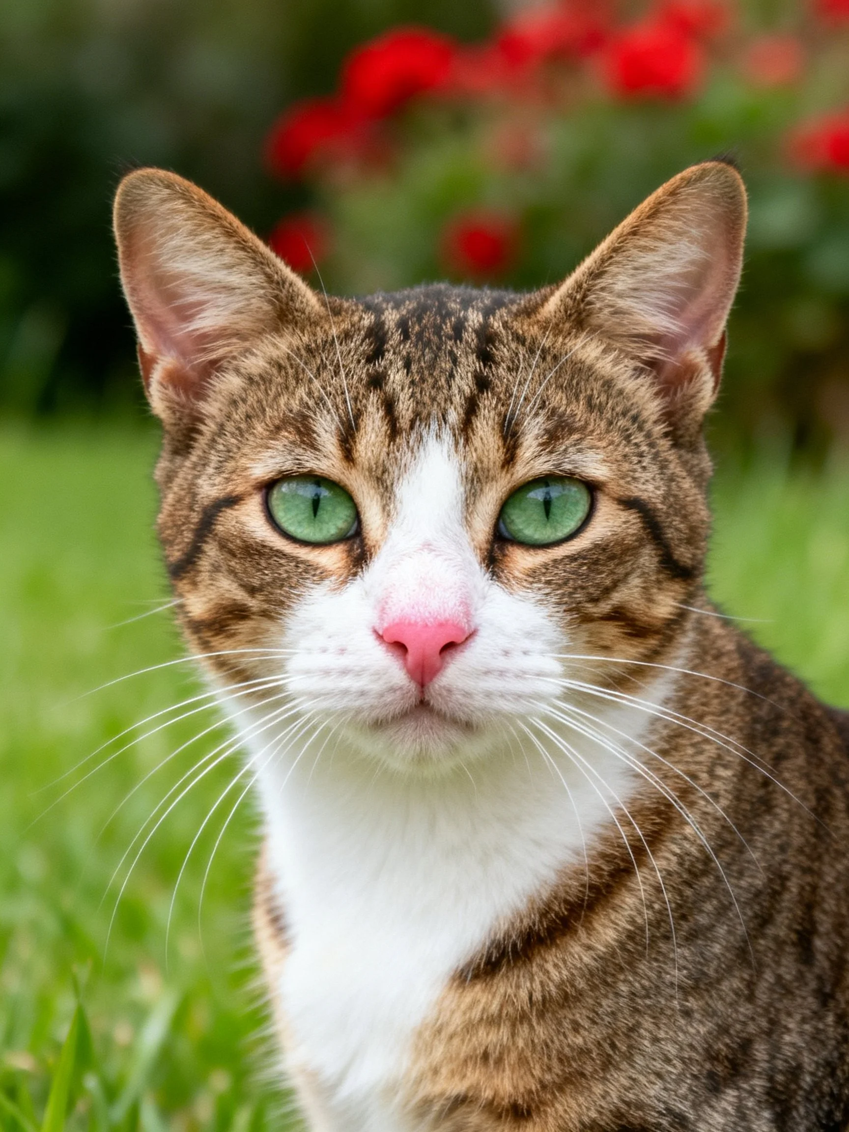A brown tabby cat with green eyes is photographed outdoors near grass and red flowers.