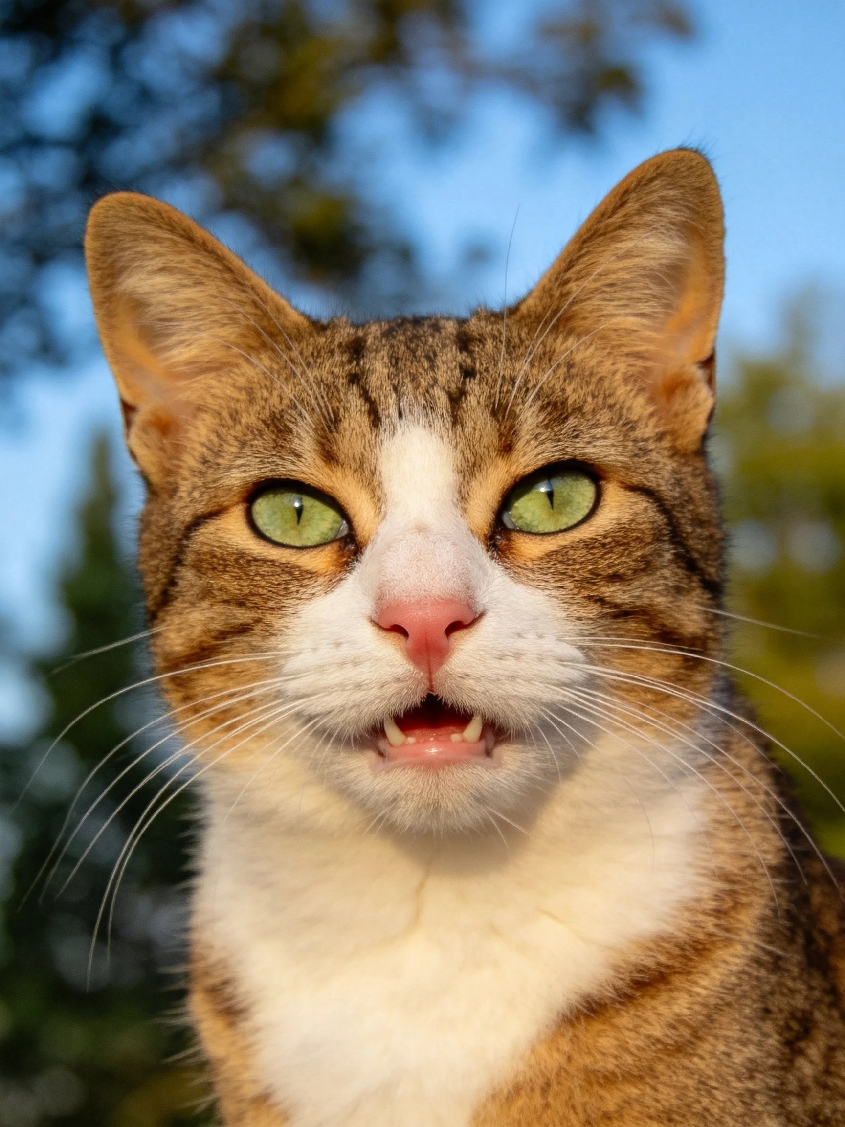A brown tabby cat with green eyes is photographed outdoors.