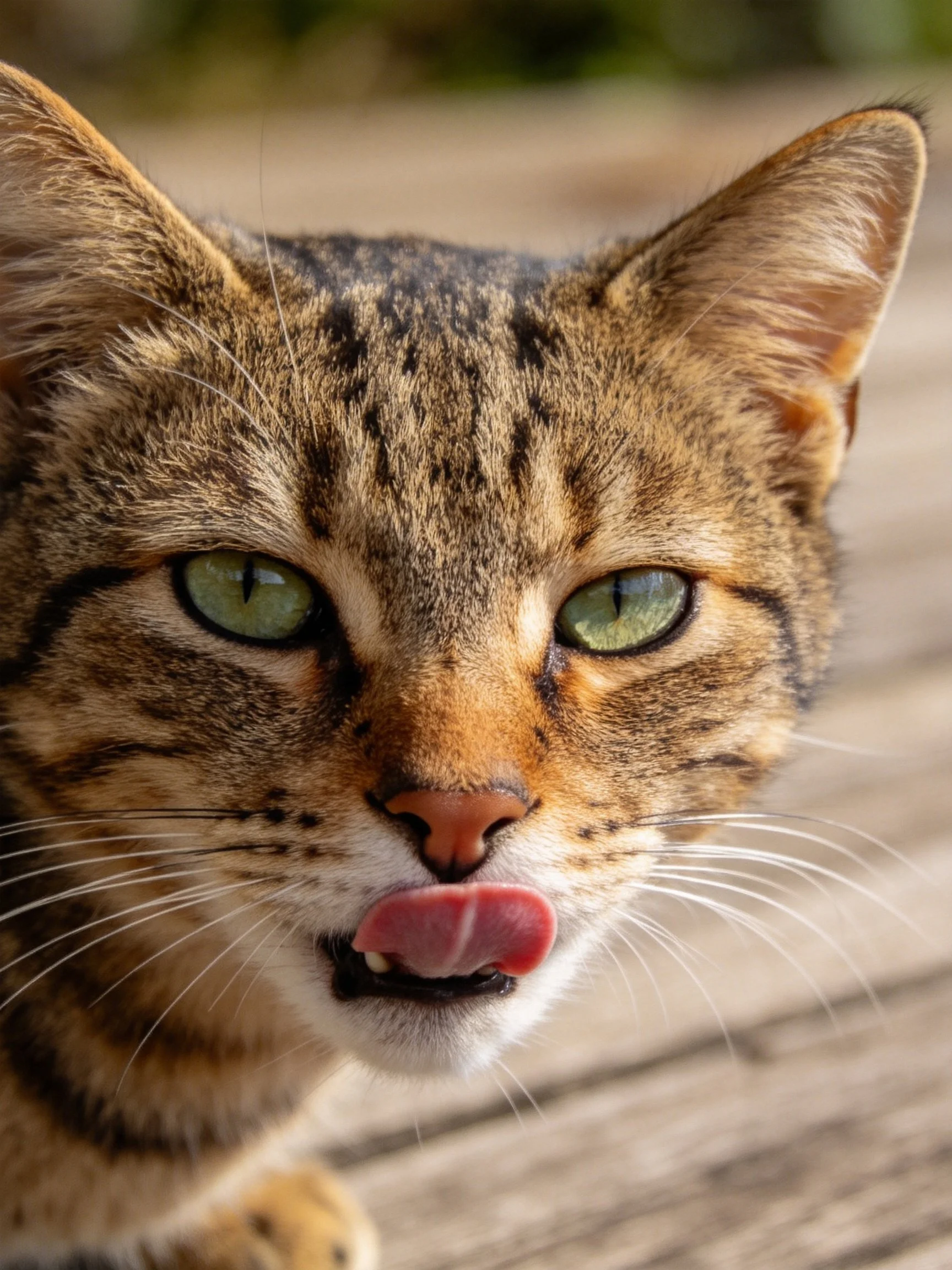 A brown tabby cat licks its nose while outdoors.