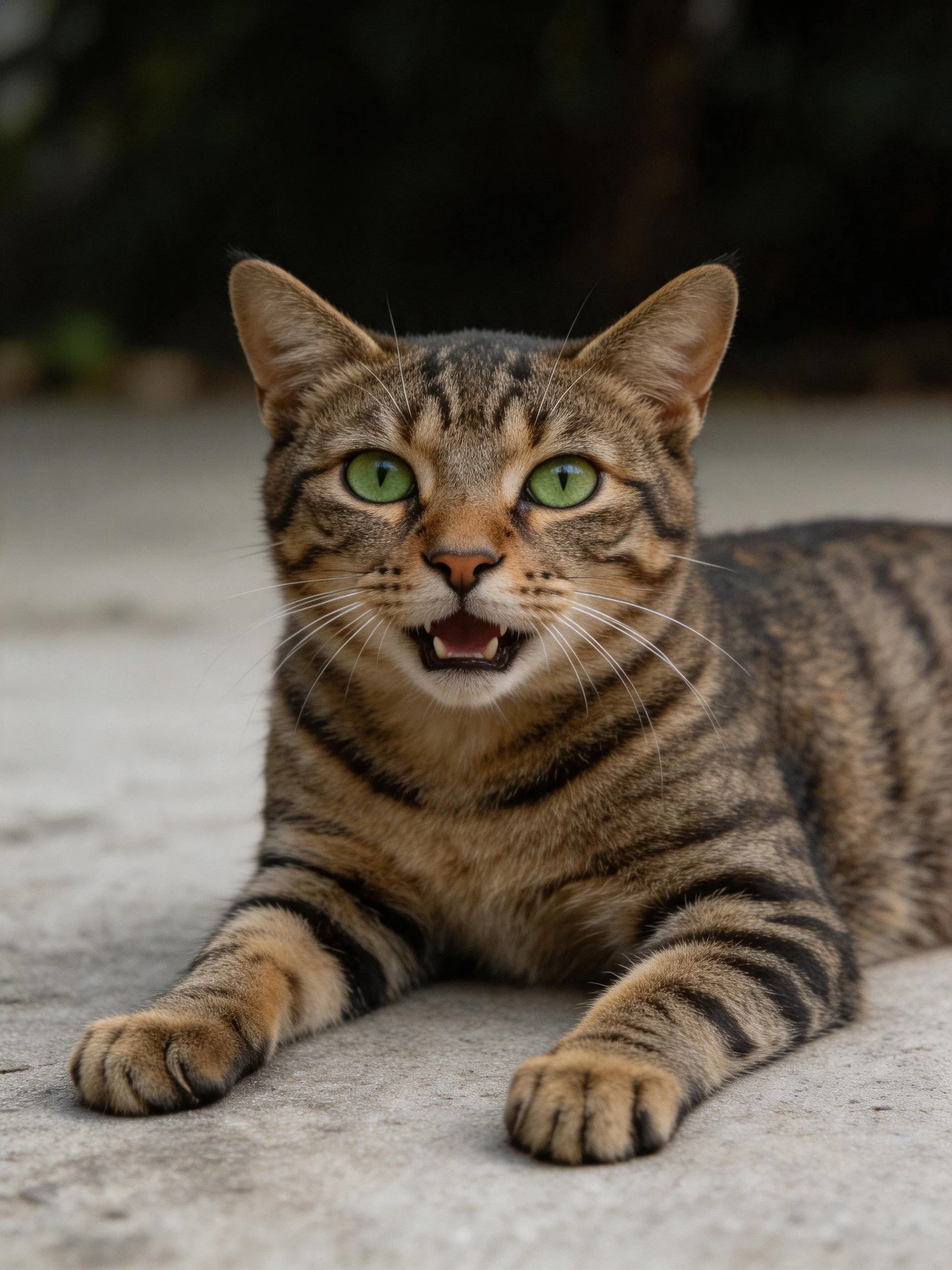Brown tabby cat with green eyes lies on concrete, mouth open