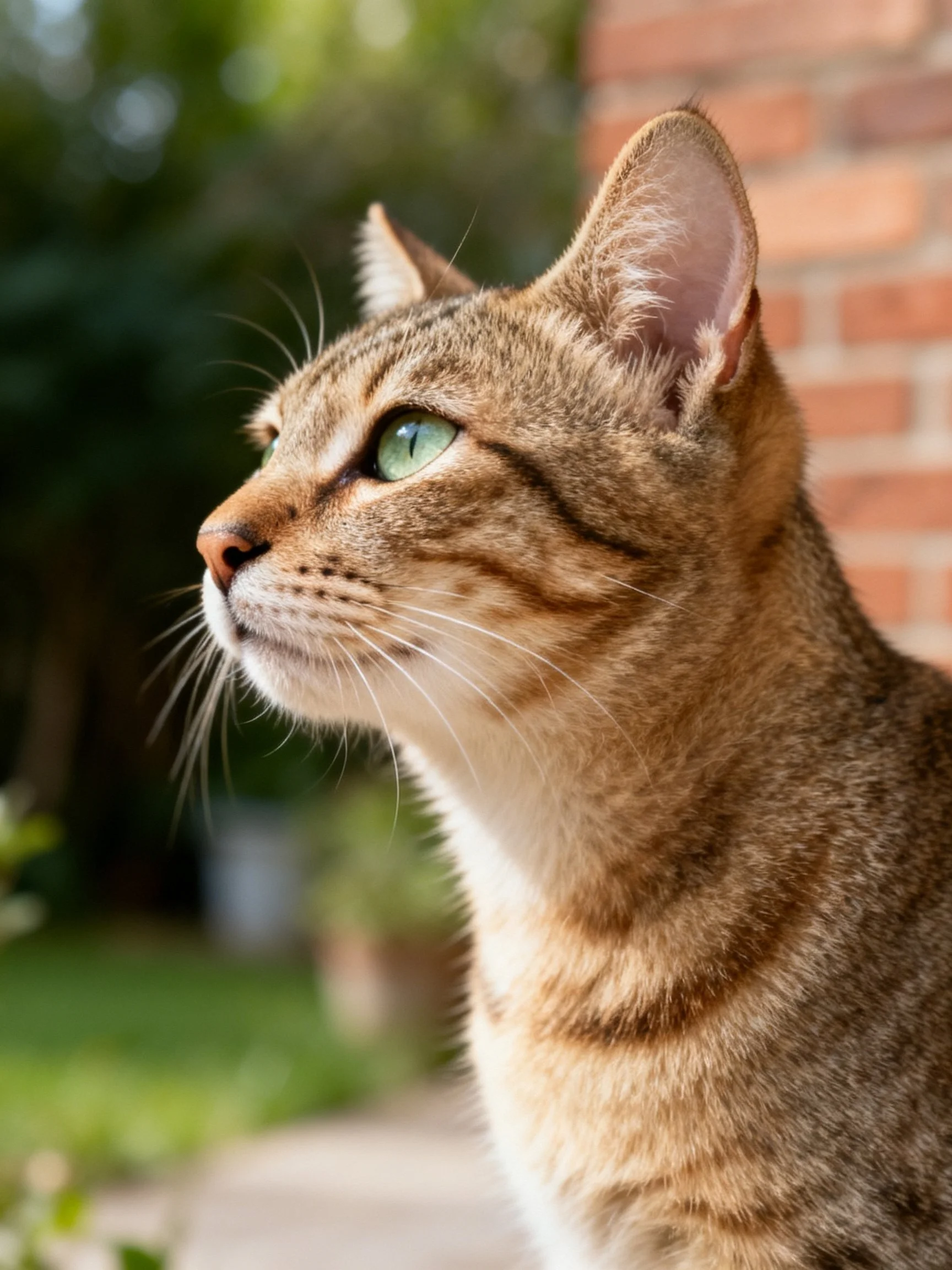 A brown tabby cat with green eyes is near a brick wall, looking outward.