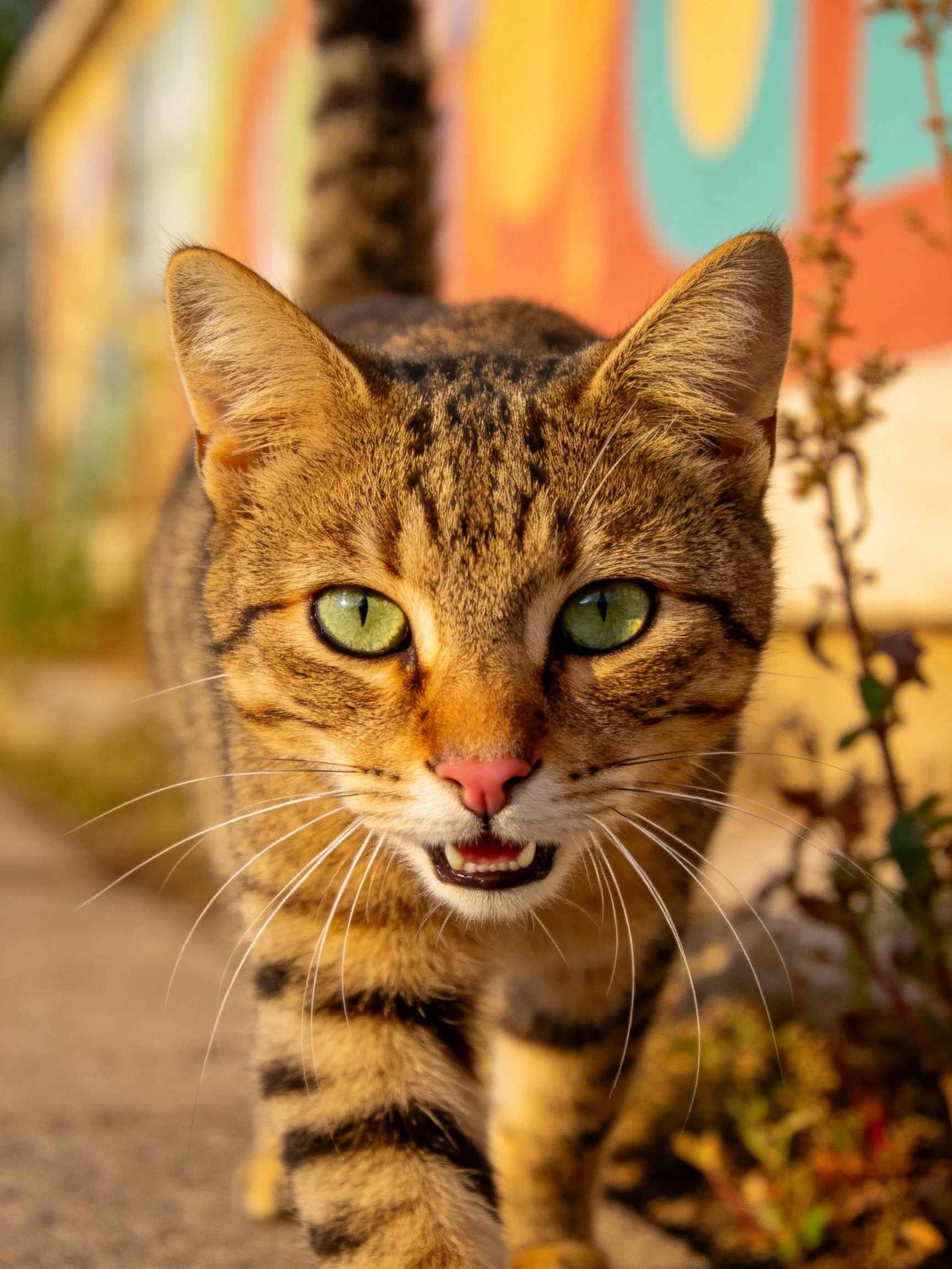 A brown tabby cat with green eyes walks near vibrant murals.