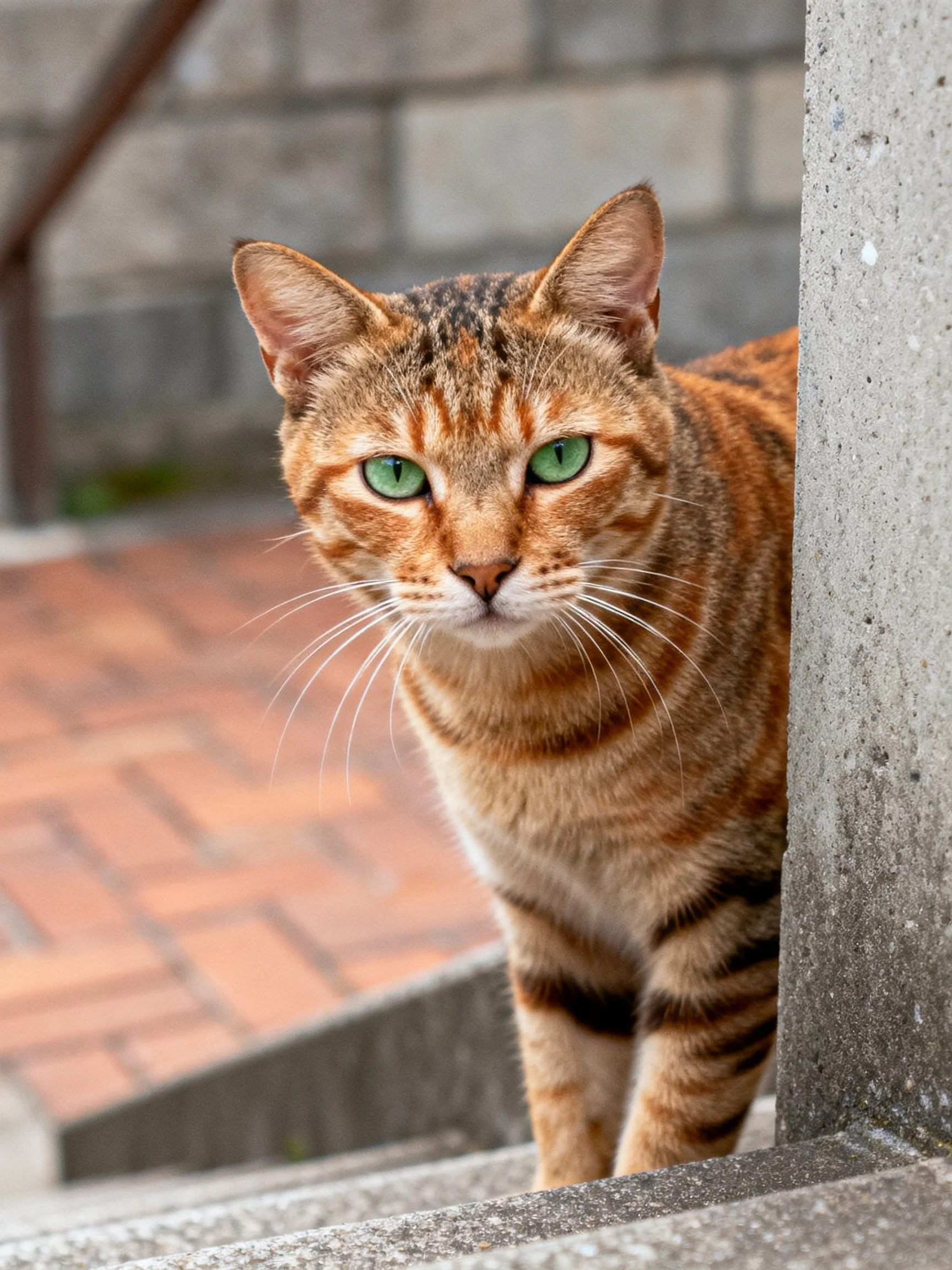 A brown tabby cat with green eyes is near a concrete structure.