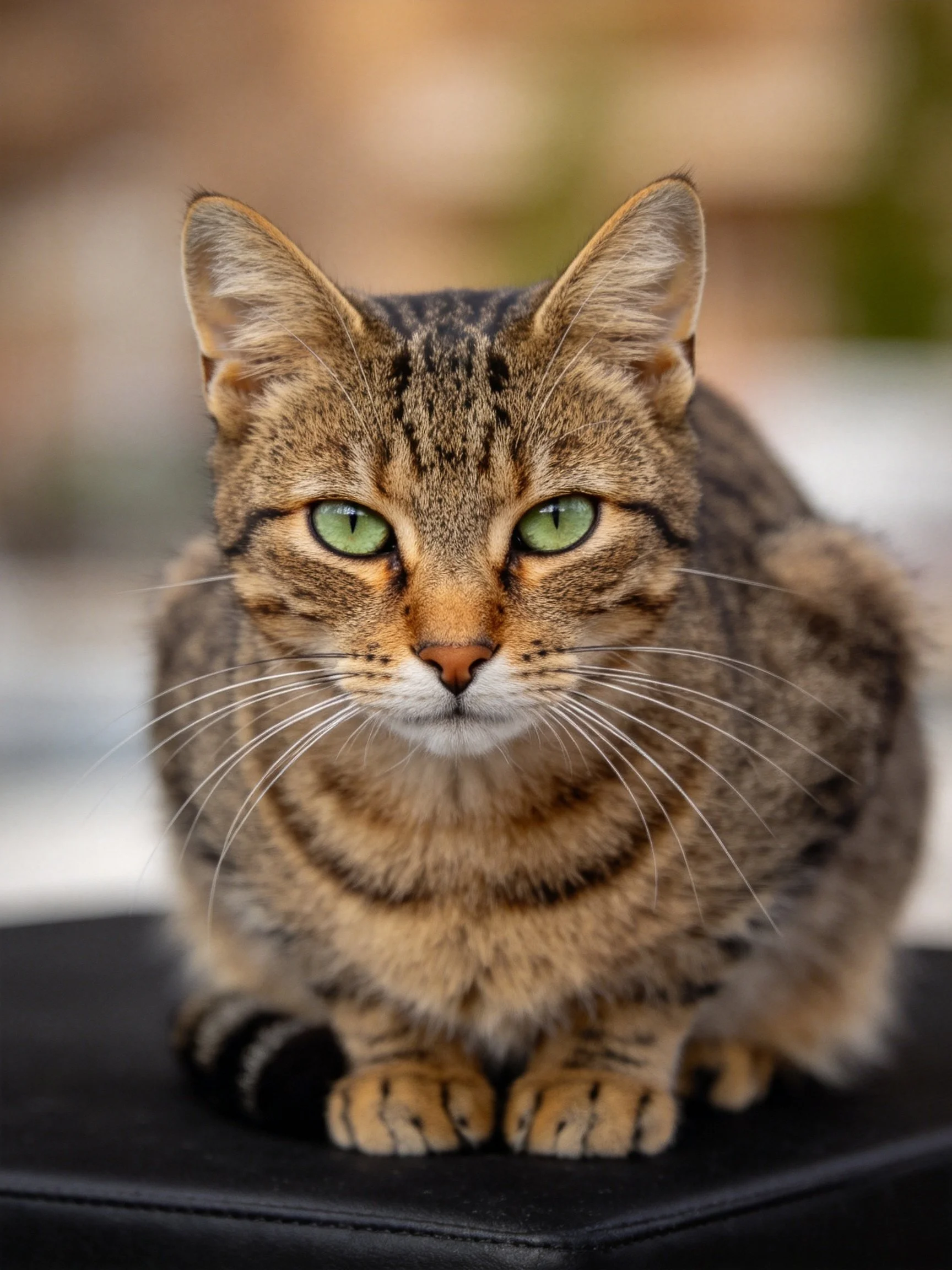 A brown tabby cat with green eyes sits calmly on a dark surface.