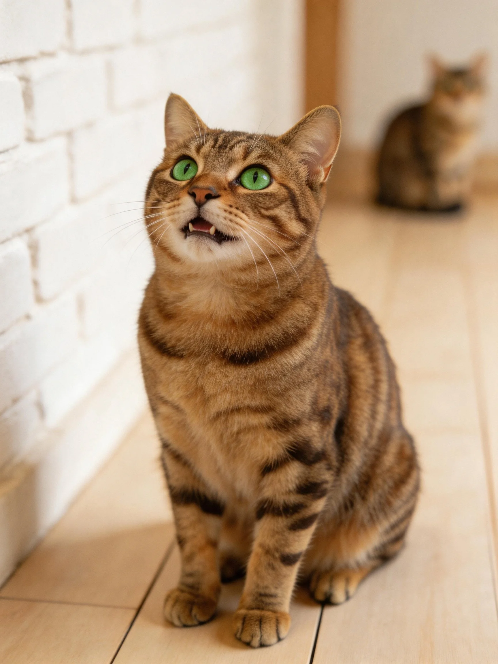 Brown tabby cat with green eyes sits near white brick wall
