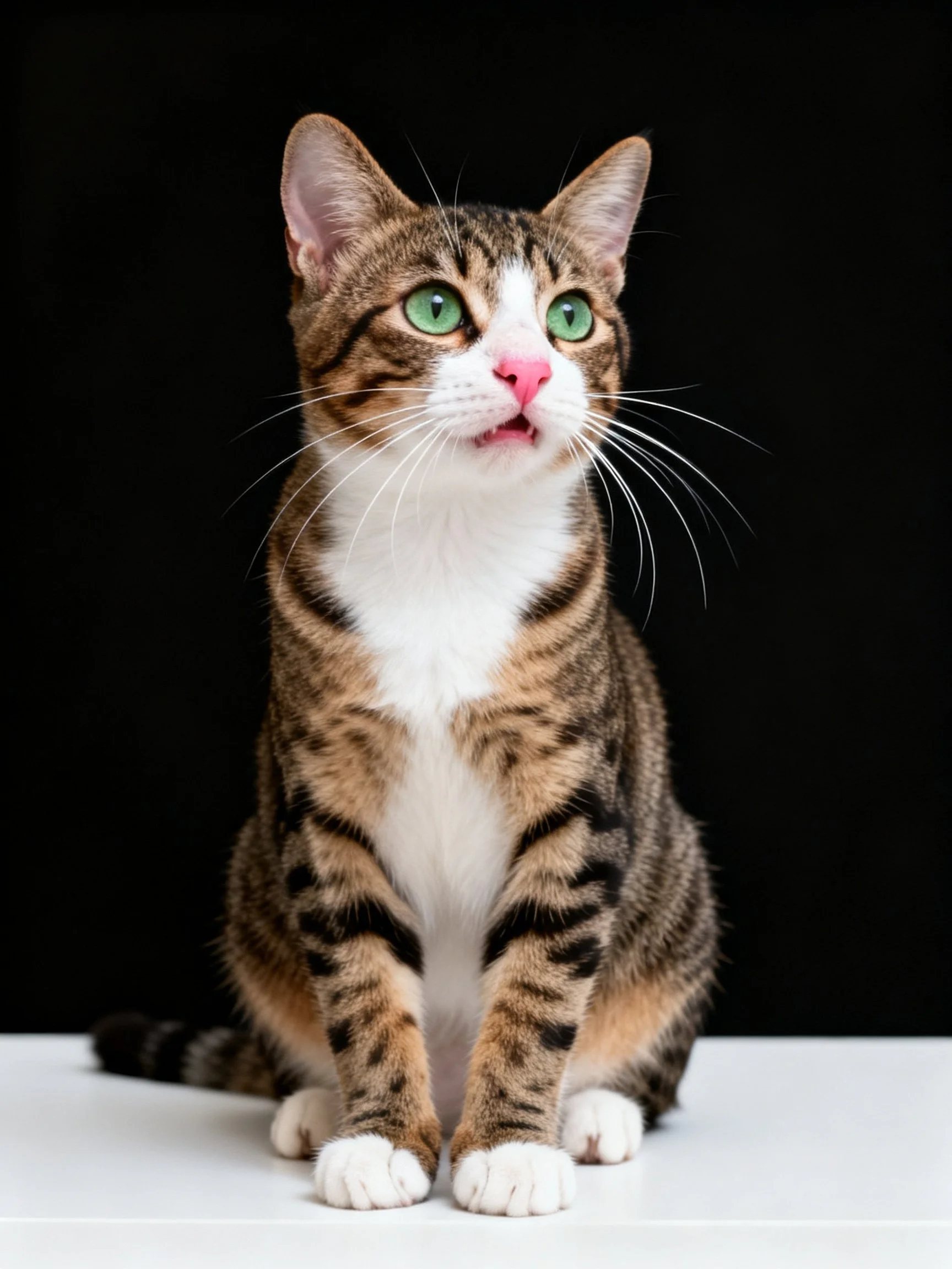 A brown tabby cat with green eyes sits on a white surface.