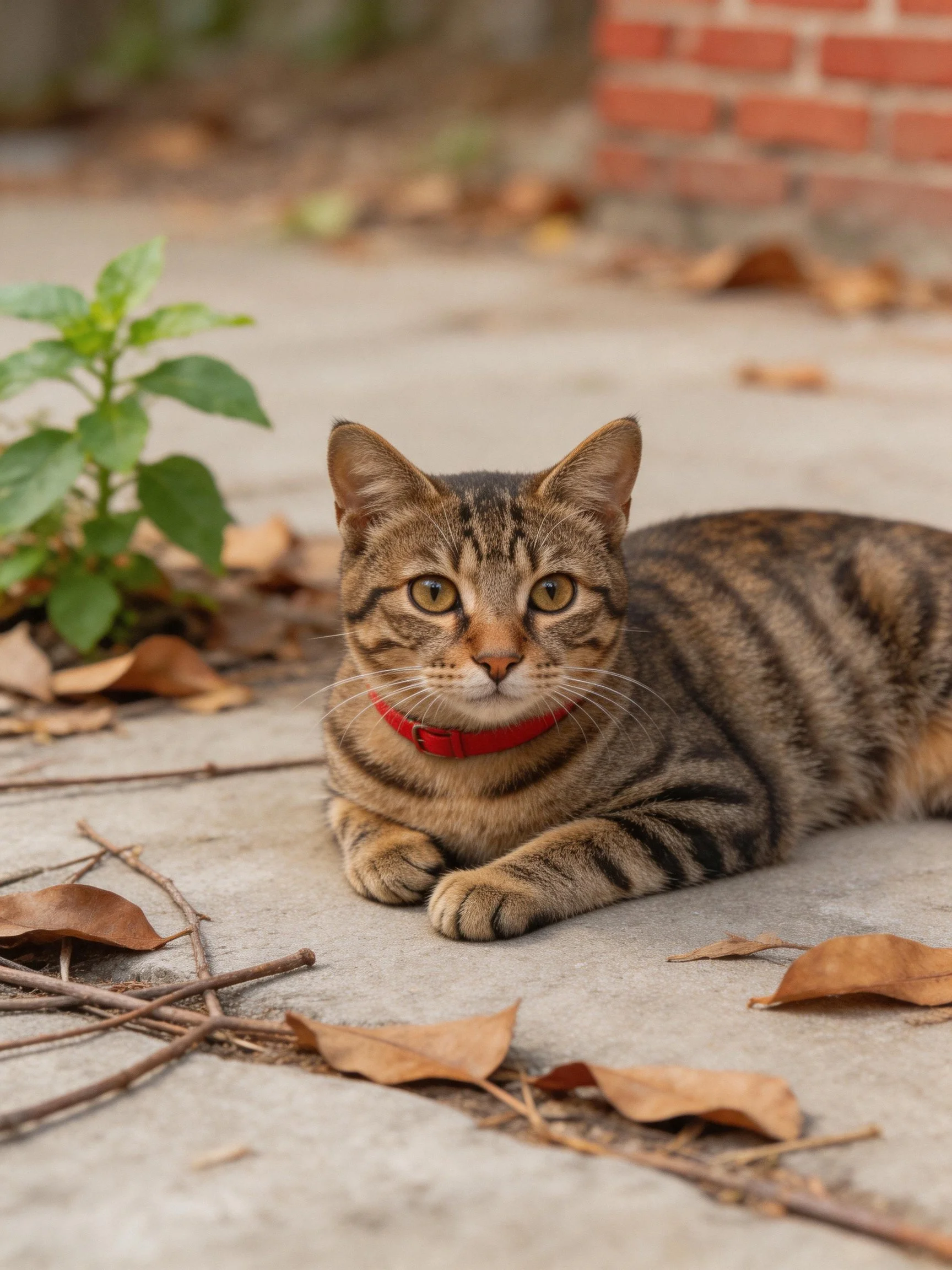 Brown tabby cat with red collar rests on concrete near dry leaves and green plant