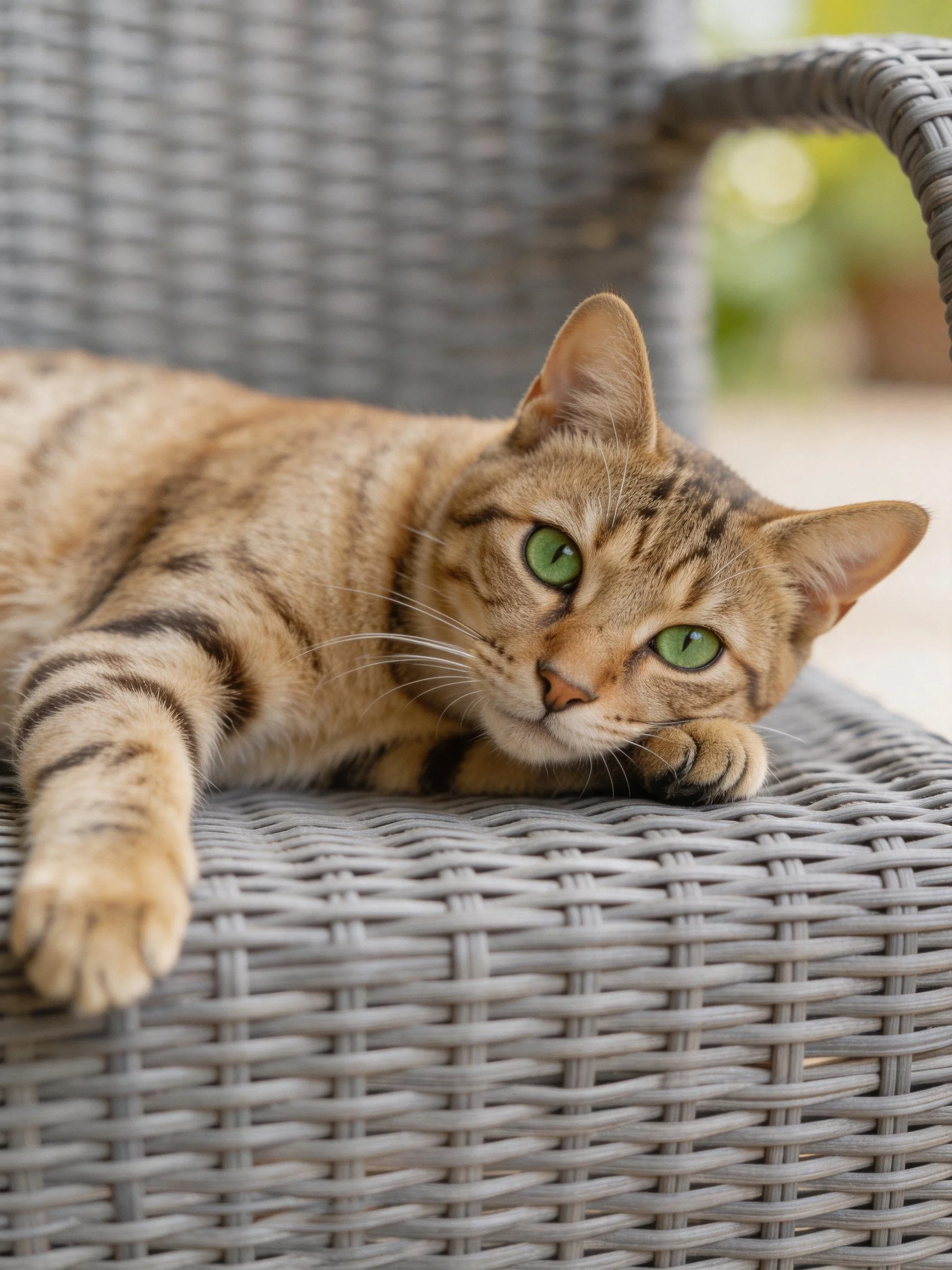 A brown tabby cat with green eyes relaxes on a gray wicker chair.