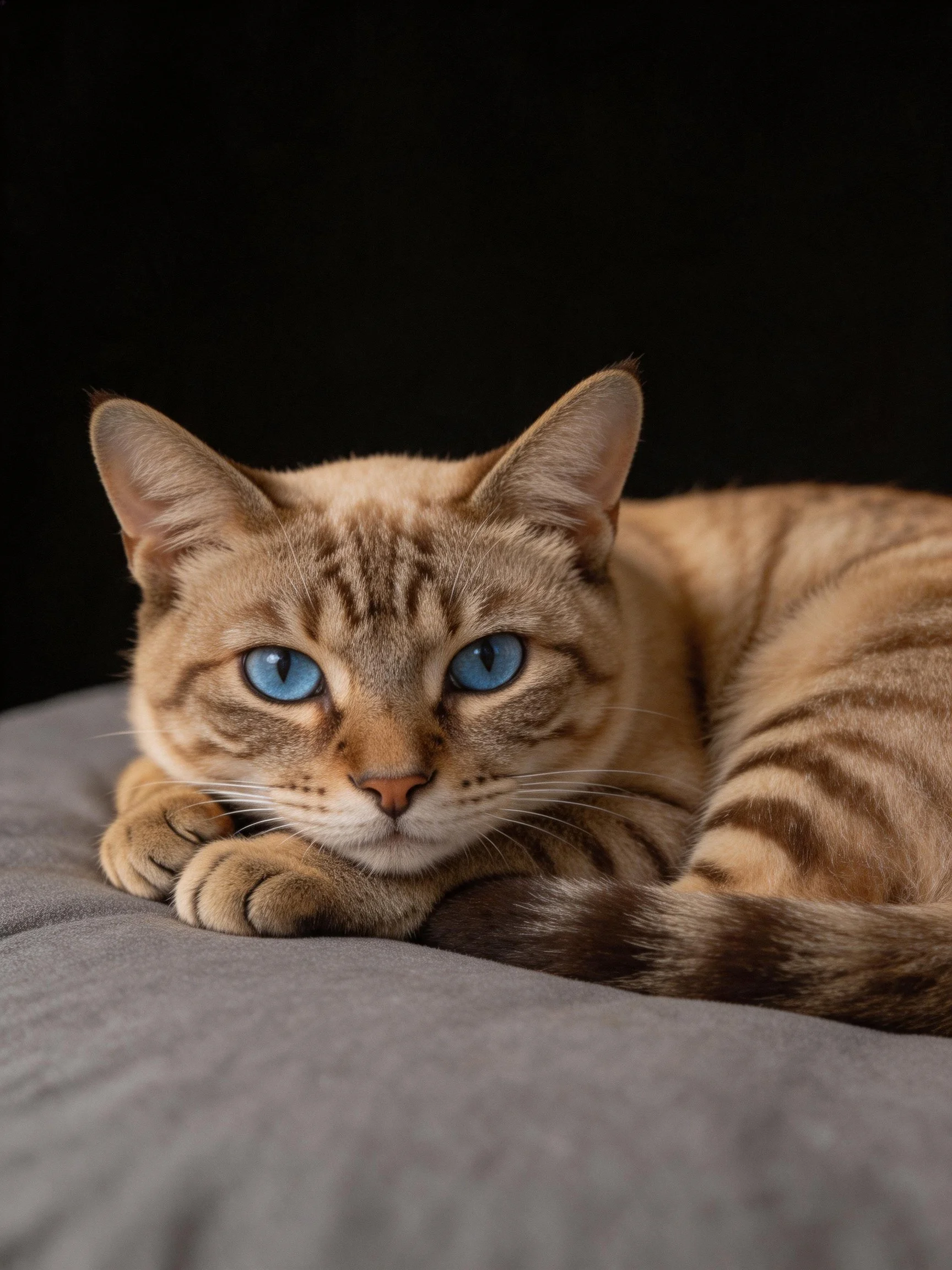 Brown tabby cat with vivid blue eyes rests on a gray cushion