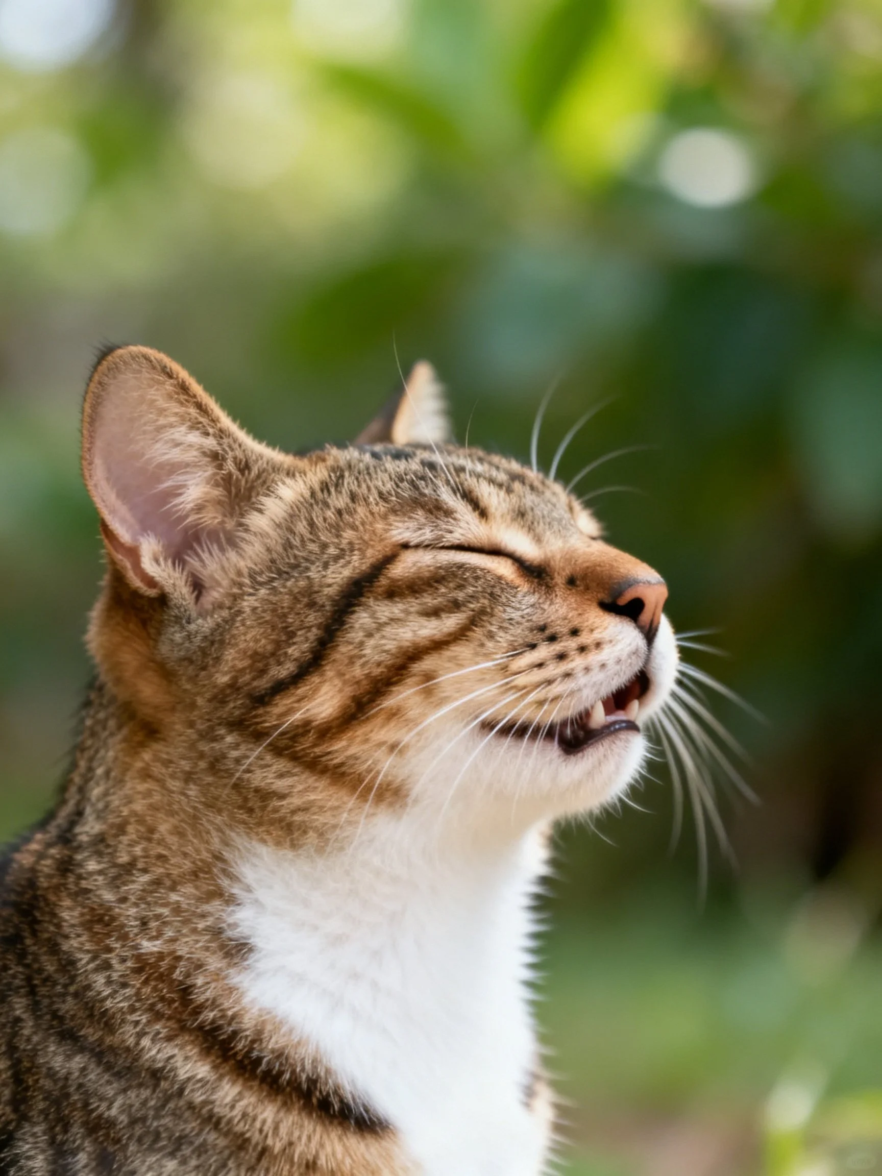 Brown tabby cat with white chest, eyes closed, in soft green bokeh