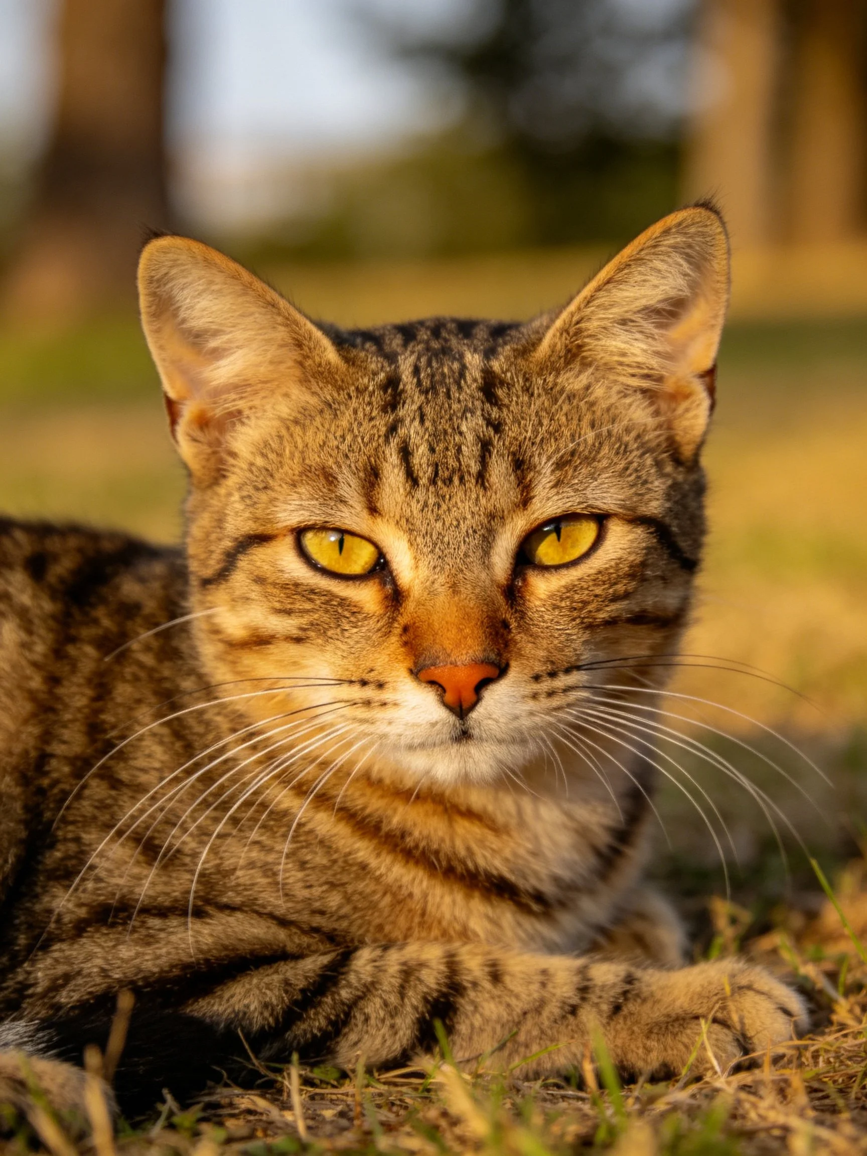 Brown tabby cat with yellow eyes resting on grass