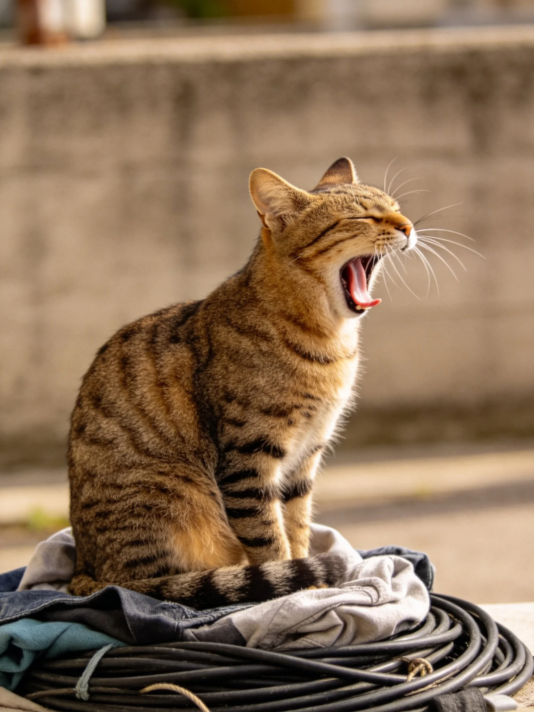 Brown tabby cat yawning on stacked fabrics and coiled cables