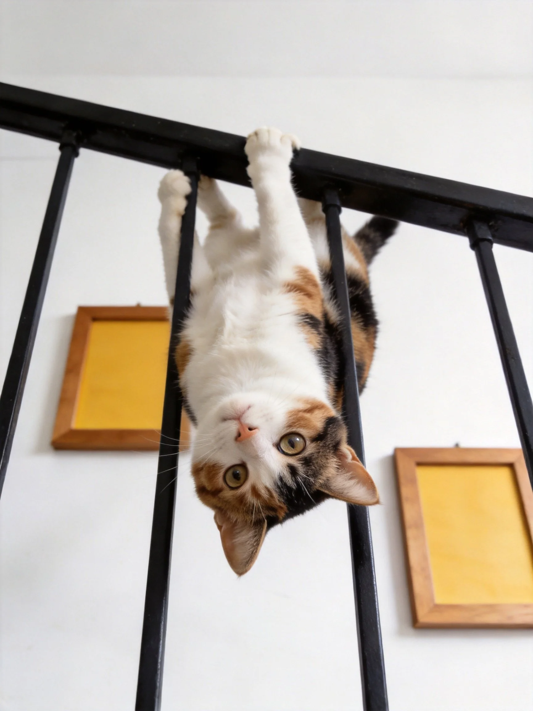Calico cat hangs upside down from black metal railing