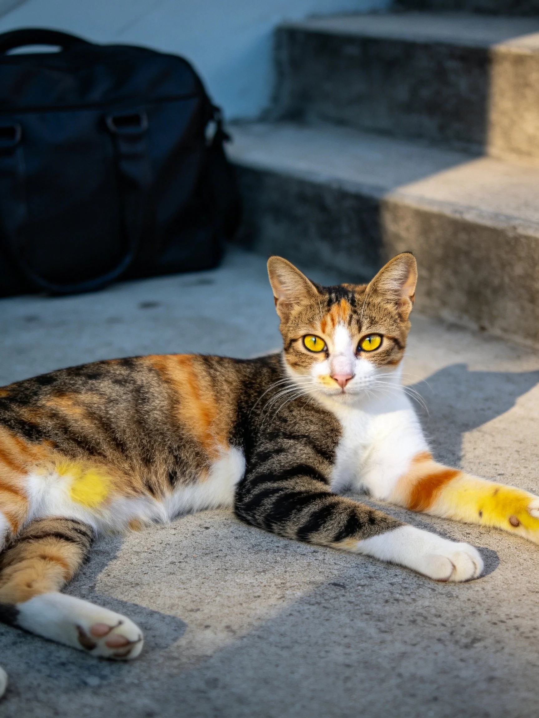 Calico cat lounges by concrete steps with black bag