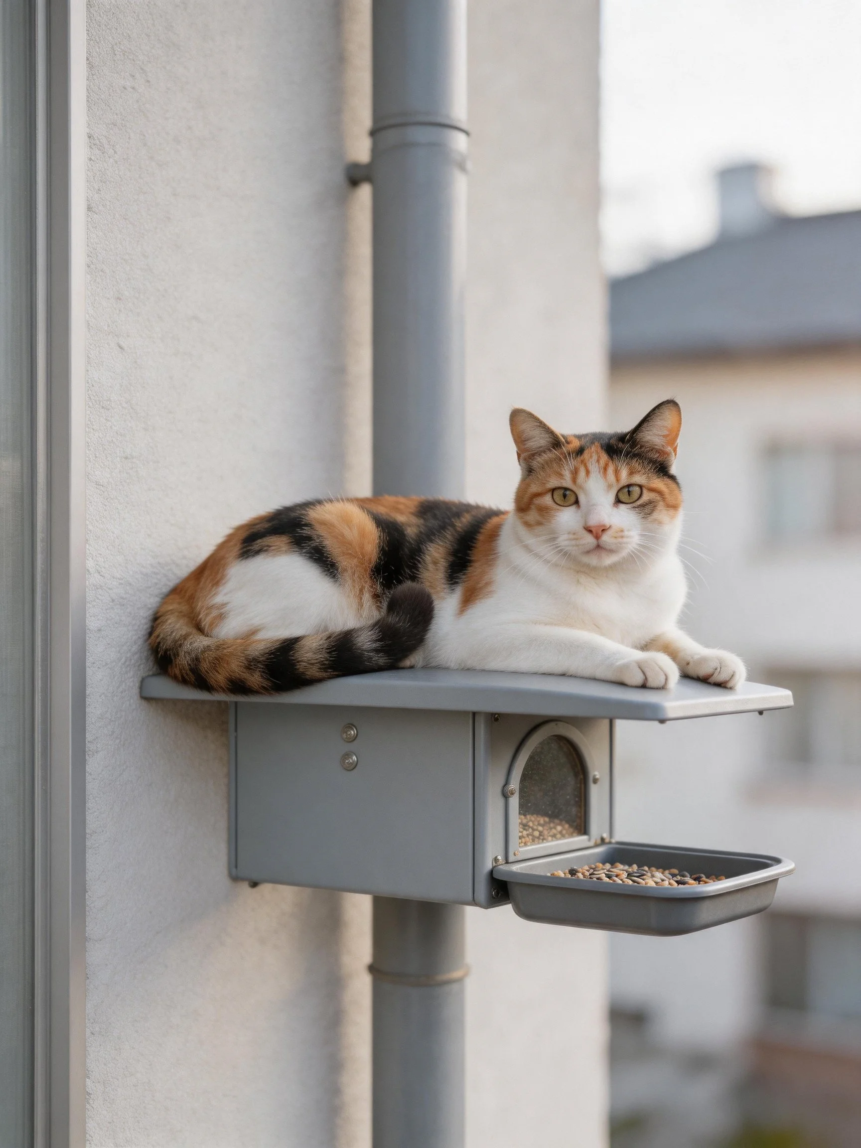 Calico cat lounges on gray outdoor feeding station by a building