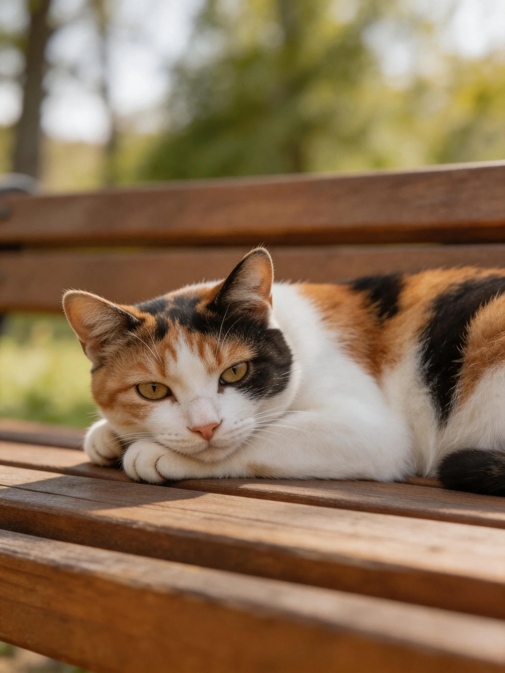 Calico cat lounging on a wooden park bench