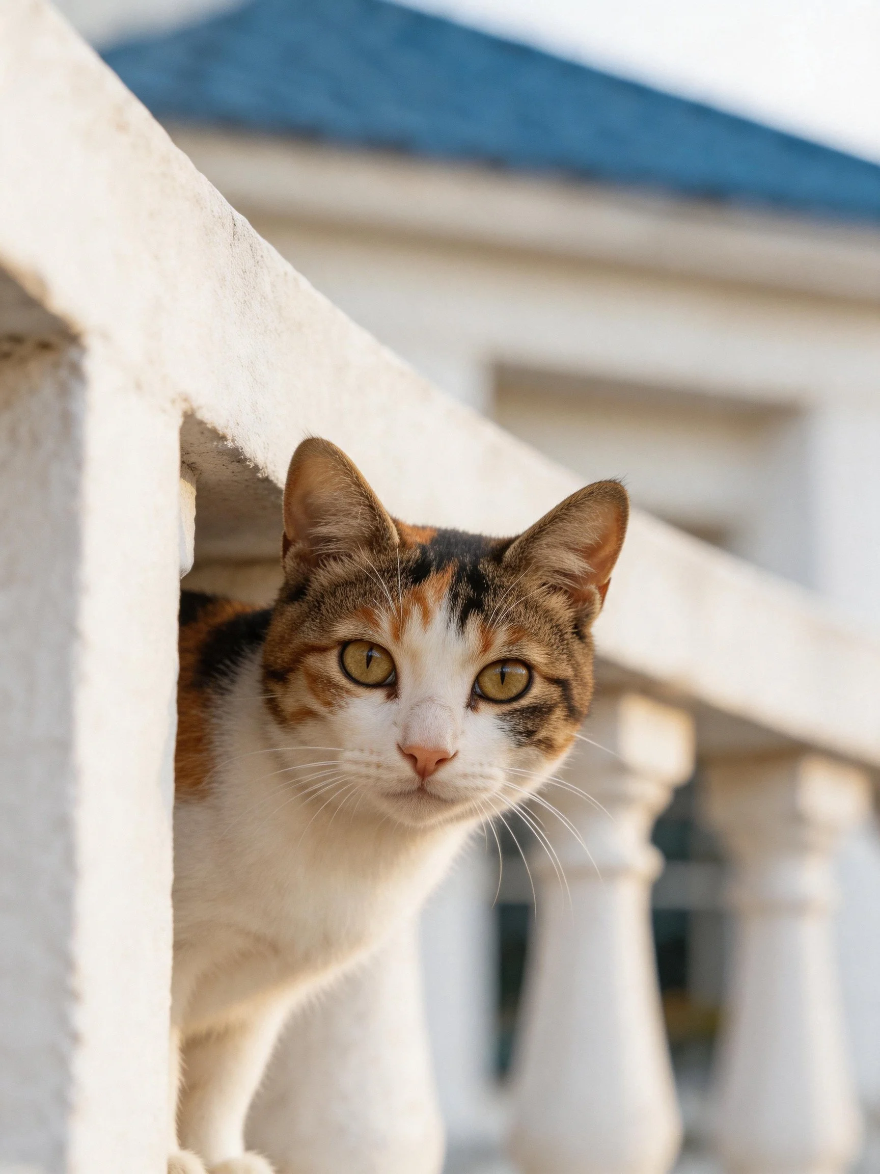 Calico cat peering from white balcony railing beside blue-roofed building