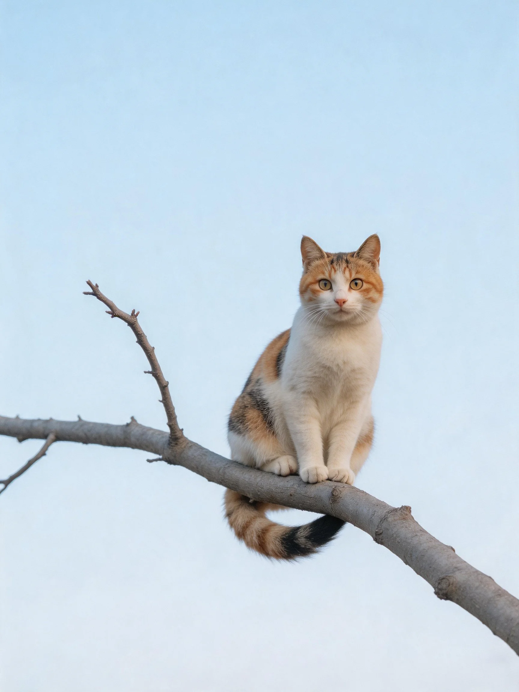 Calico cat perched on a bare tree branch under clear sky