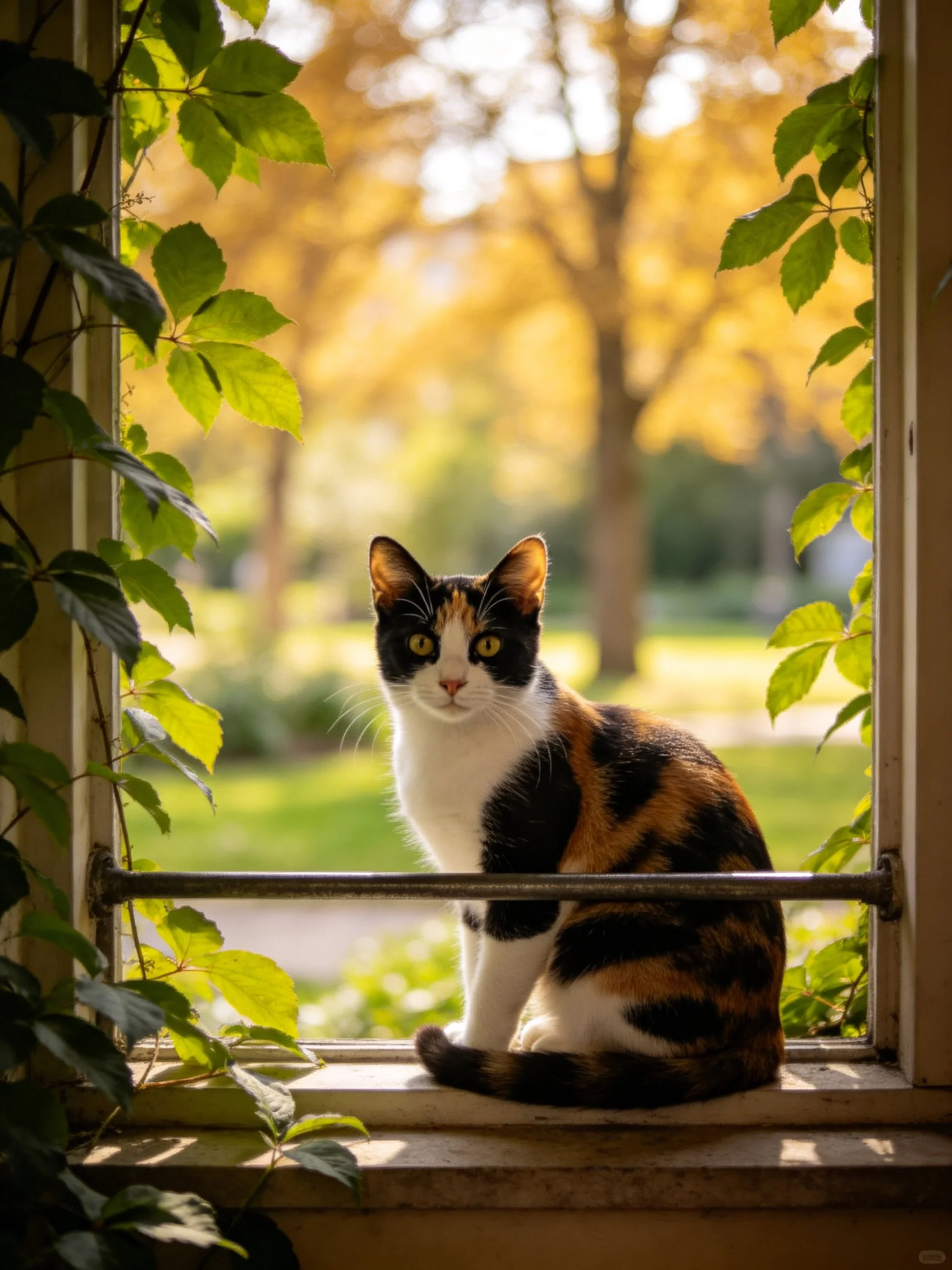 Calico cat perched on sunlit windowsill with greenery