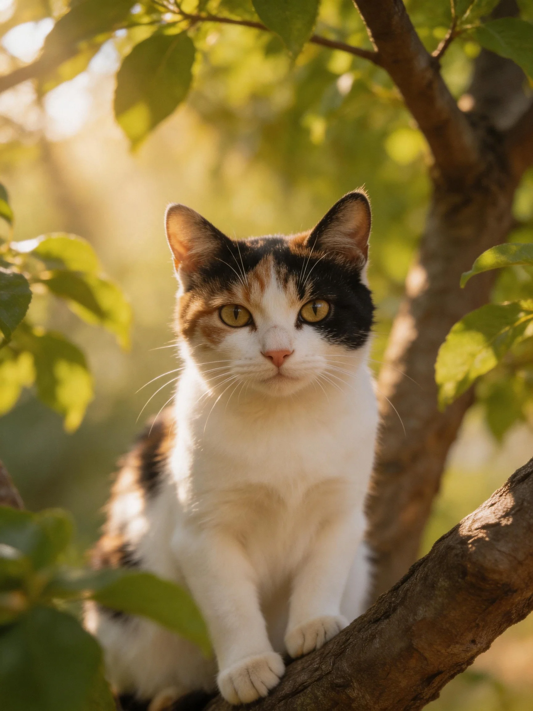 Calico cat perched on tree branch amid green foliage